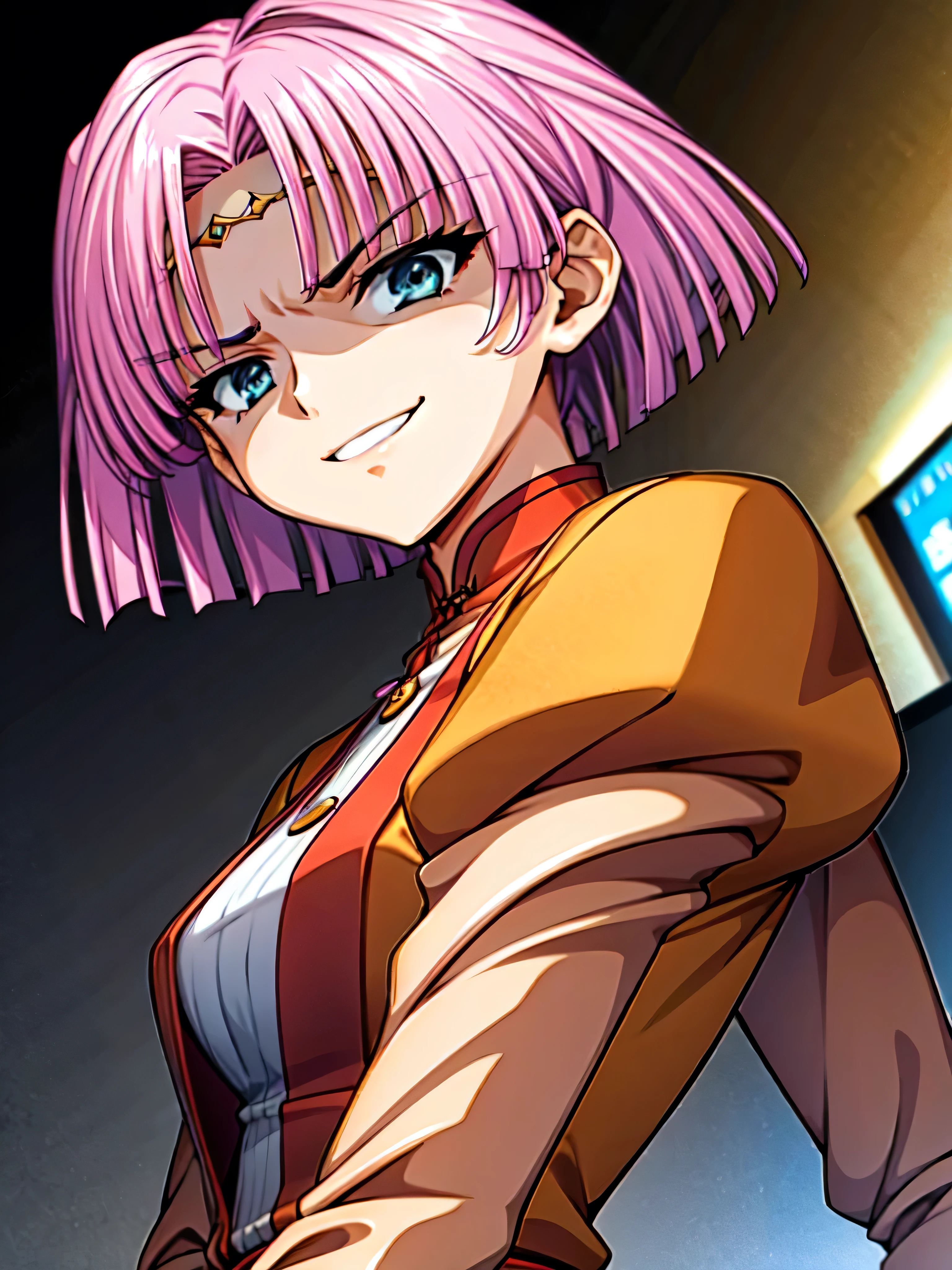 (Highest_4K quality, 8k, high definition , masterpiece: 1.2), Super details,from_Down,(_ screen capture ),( One Girl ,alone),, Bob short hair ,,, viewers of the pin, upper body,,,,,,,( Details), , , High Quality , very detailed, perfect face,,shaded face (Eyes in the Shadows),too evil smirk,yellow clothes,from below,looking down at viewer,,looking at viewer,