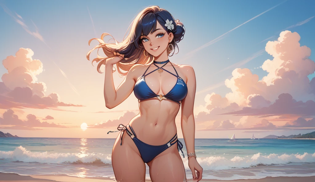 ((highest quality, masterpiece, High resolution)), ((reality)),Photos of beautiful Japanese women,((anime art))、 (((1 girl))), normal size breasts, slim body shape, long ponytail,double eyelid, Wet see-through micro bikini, A pareo with bold ethnic patterns and plenty of primary colors、(Brown skin:1.4),realistic skin、Wet,whole body,cinematic light、tropical、Against the background of palm trees on both sides、on a sunny beach、With the sea in the background、blur background、smile