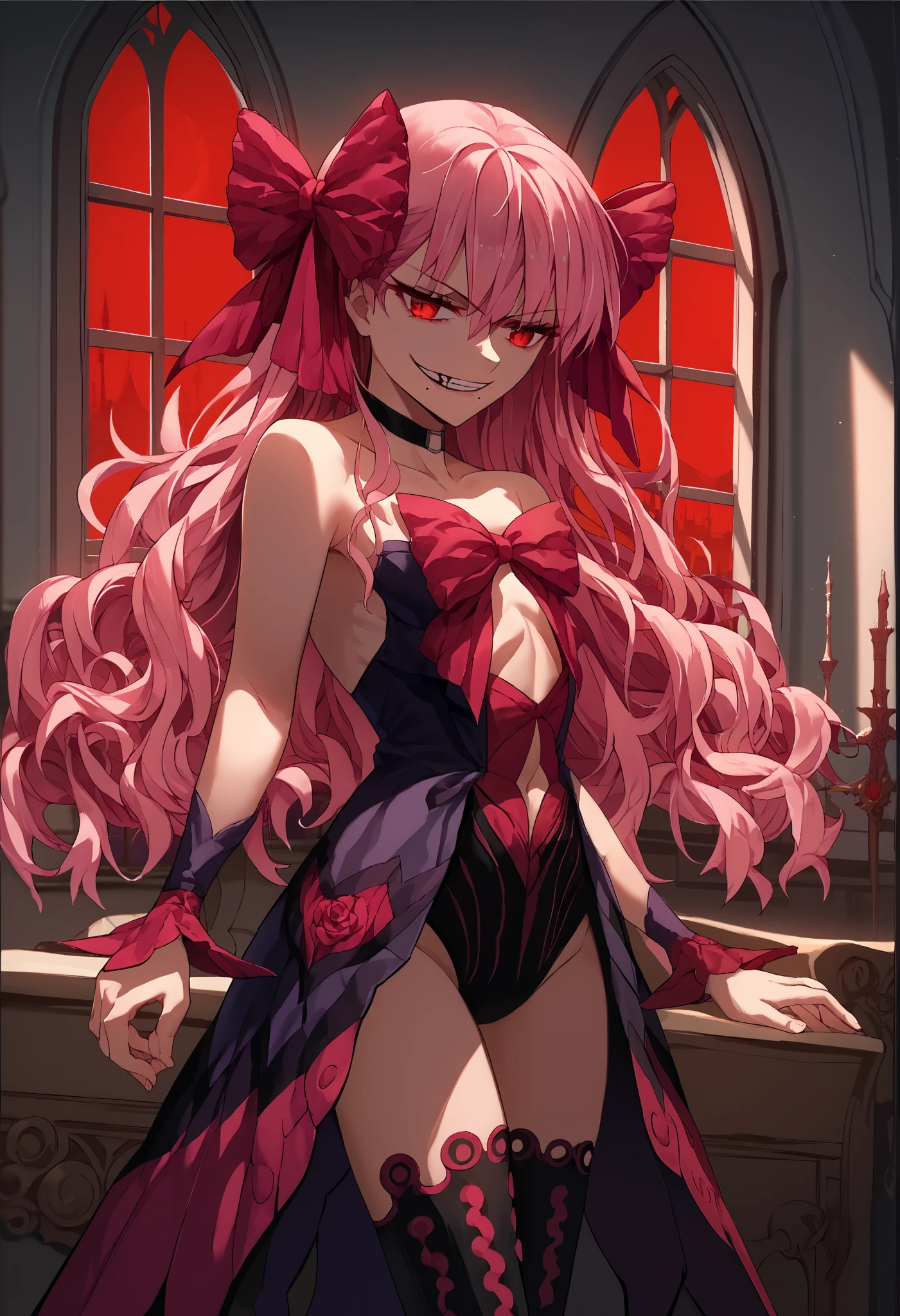 1girl, really long hair, pink hair, red eyes, mole under mouth, hair bow, choker, ribbon, leotard, center opening, bare shoulders, black thighhighs, wrist cuffs, laying, standing, cowboy shot, indoors, gothic, bedroom, castle, window, red moon score_9, score_8_up, score_7_up, score_6_up, score_5_up, score_4_up, BREAK source_anime, masterpiece,,very evil smirk, 