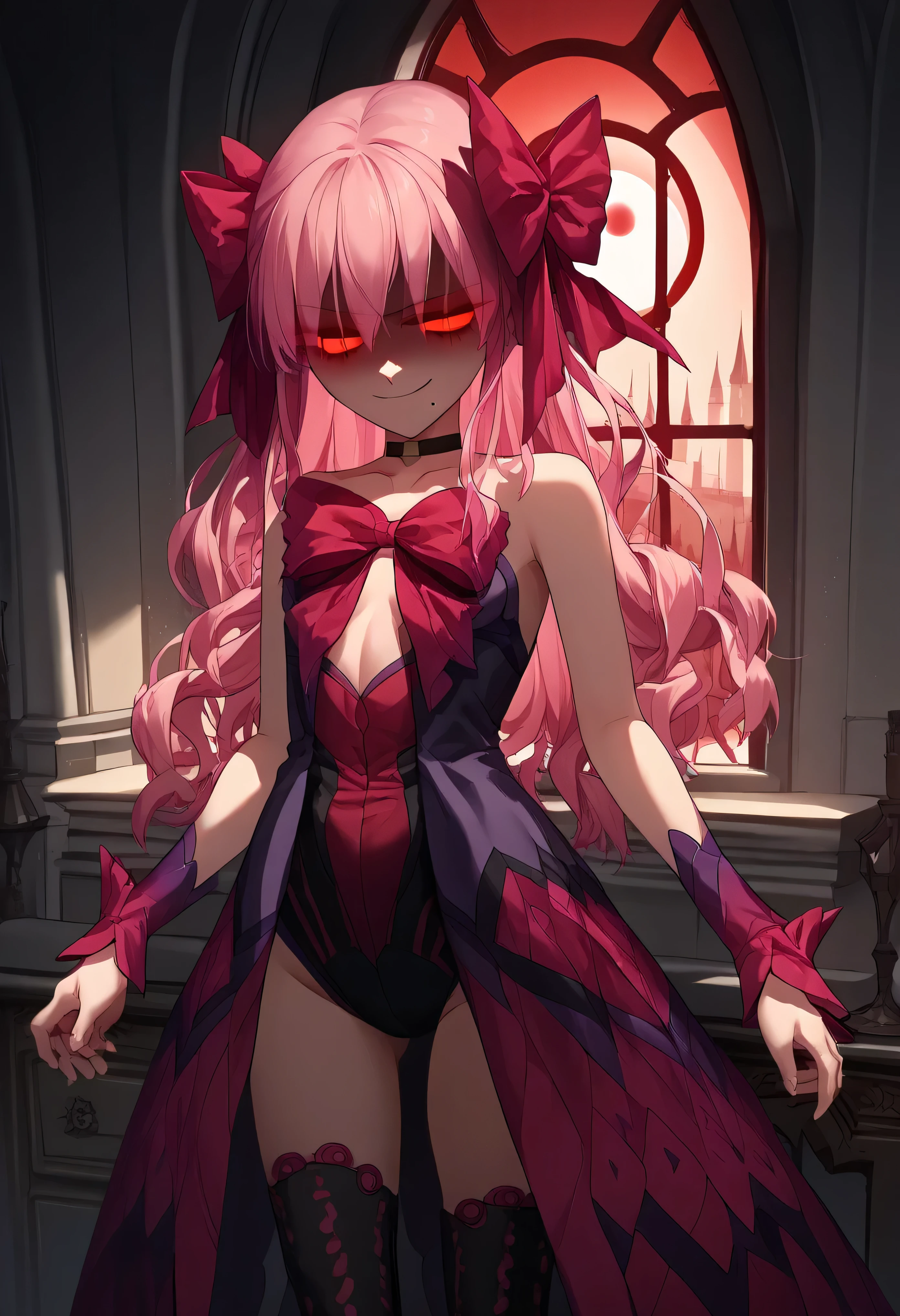 1girl, really long hair, pink hair, red eyes, mole under mouth, hair bow, choker, ribbon, leotard, center opening, bare shoulders, black thighhighs, wrist cuffs, laying, standing, cowboy shot, indoors, gothic, bedroom, castle, window, red moon score_9, score_8_up, score_7_up, score_6_up, score_5_up, score_4_up, BREAK source_anime, masterpiece,shaded face(eyes in shadow),very evil smirk, 