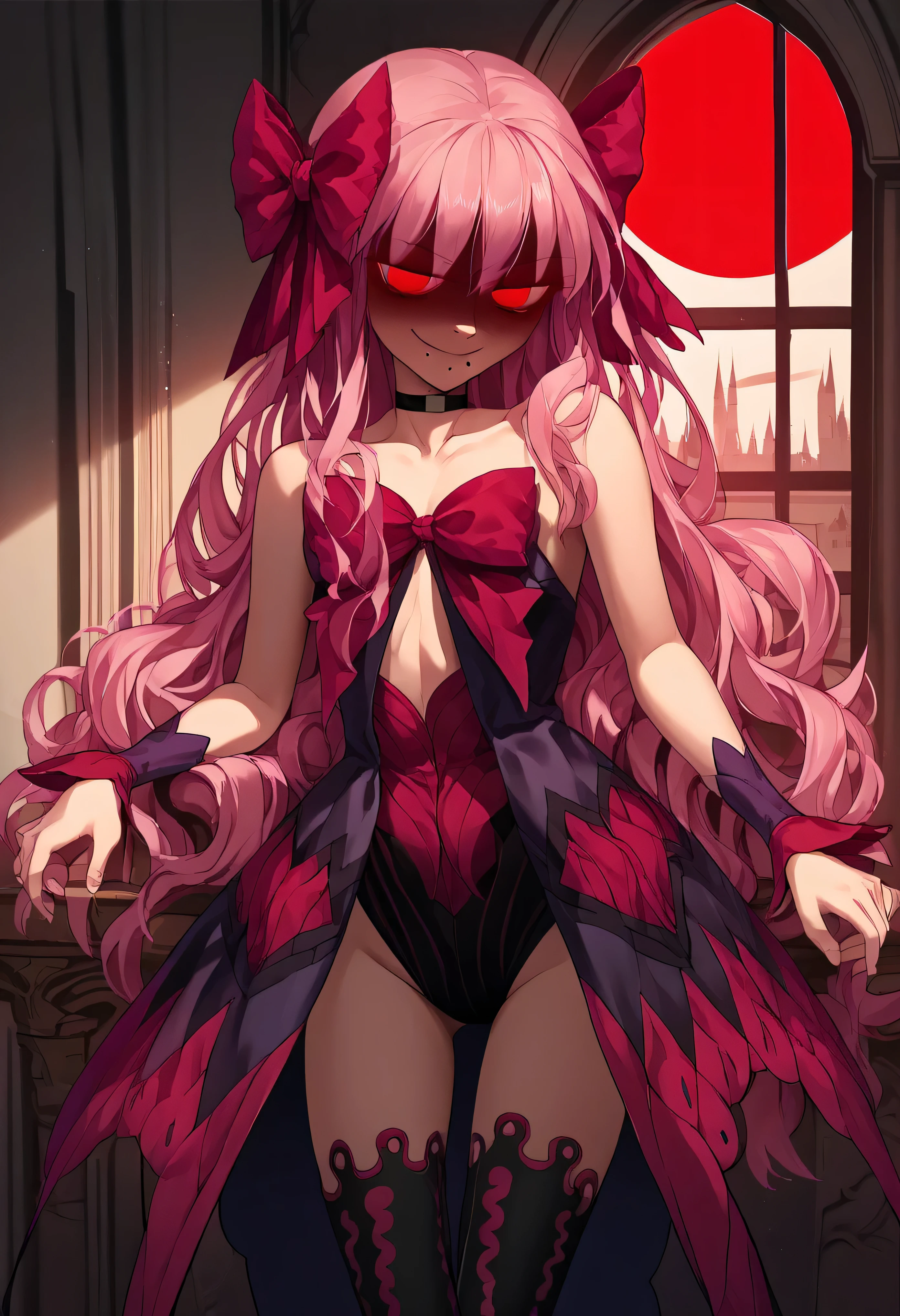 1girl, really long hair, pink hair, red eyes, mole under mouth, hair bow, choker, ribbon, leotard, center opening, bare shoulders, black thighhighs, wrist cuffs, laying, standing, cowboy shot, indoors, gothic, bedroom, castle, window, red moon score_9, score_8_up, score_7_up, score_6_up, score_5_up, score_4_up, BREAK source_anime, masterpiece,shaded face(eyes in shadow),very evil smirk, 