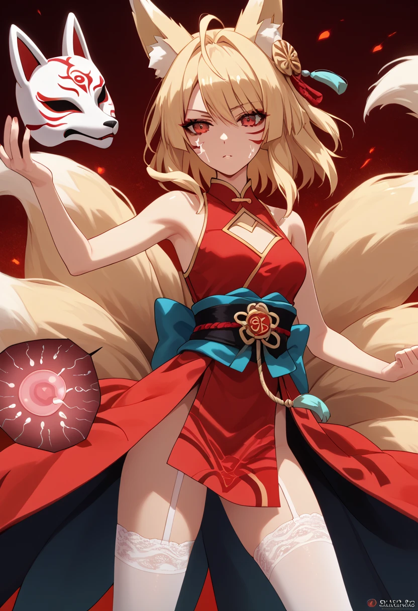  hair covers the eye, rpg, sperm,  bare shoulders are visible, 1 girl,  long golden hair, 4K,  red eyes , , fox ears, hair template ,   red stripes on face, black mascara, red kimono , sleeveless, brassiere, 9 tails,  white stockings, Fox mask, sweet girl, goddess, Geisha, prostitute, chest cutout, teenager girl, magician,  fantasy, fighting stance