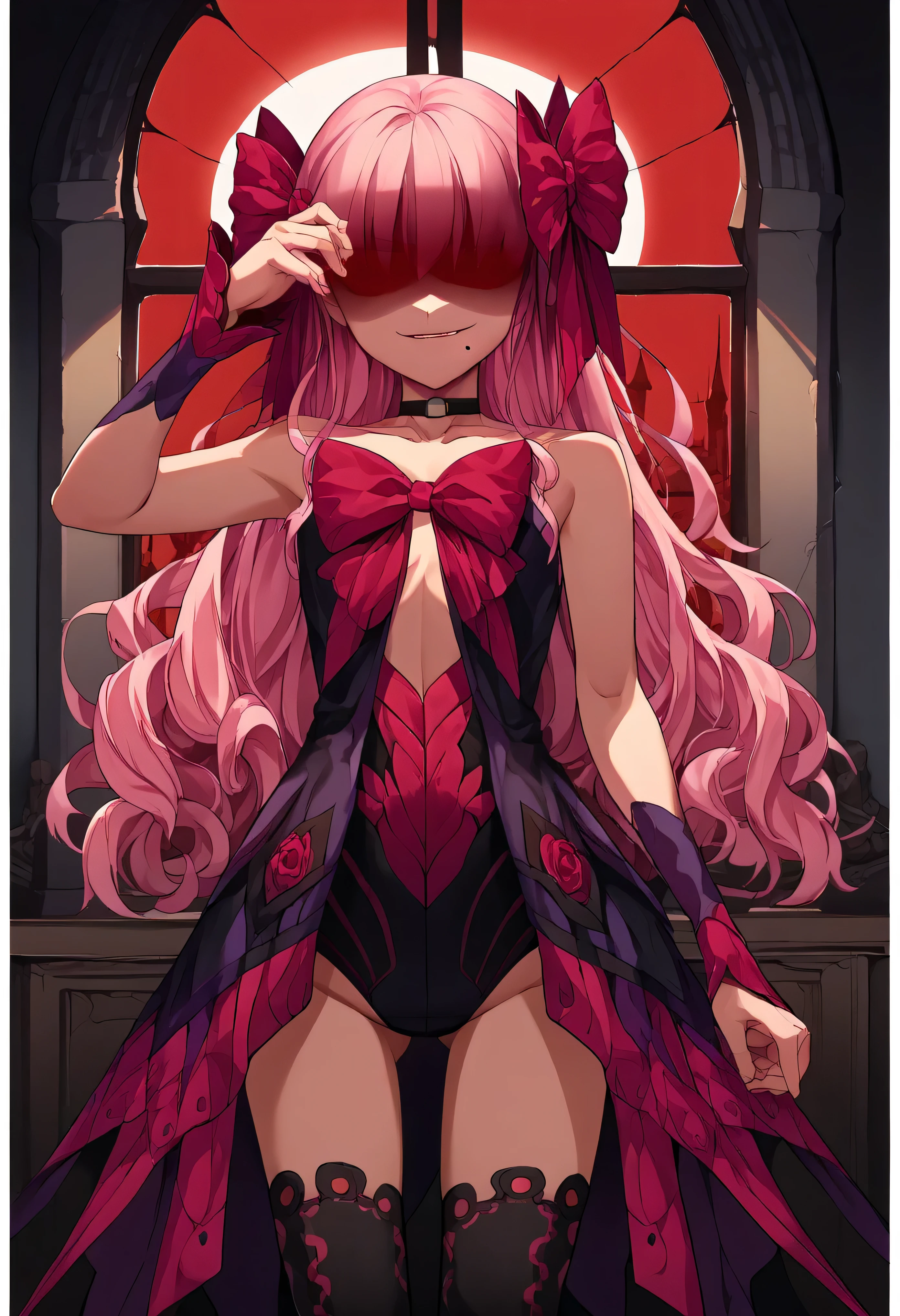 1girl, really long hair, pink hair, red eyes, mole under mouth, hair bow, choker, ribbon, leotard, center opening, bare shoulders, black thighhighs, wrist cuffs, laying, standing, cowboy shot, indoors, gothic, bedroom, castle, window, red moon score_9, score_8_up, score_7_up, score_6_up, score_5_up, score_4_up, BREAK source_anime, masterpiece,shaded face(eyes in shadow),very evil smirk, 