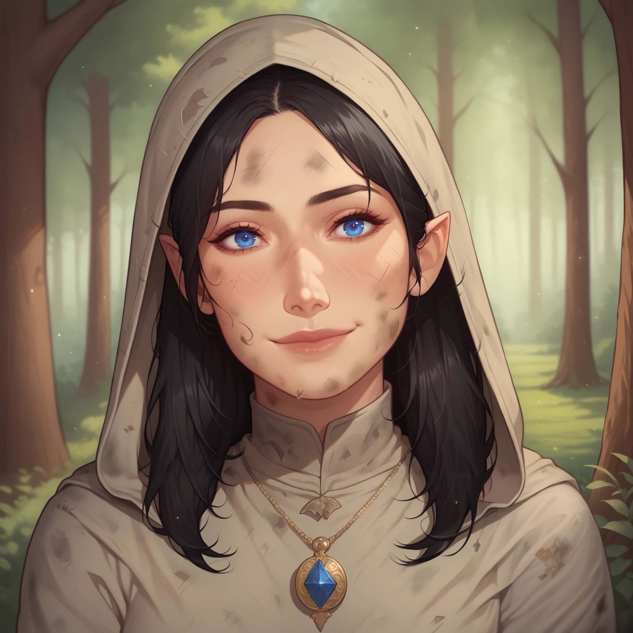 (((beautiful, high quality, comics style, detailed face))), score_9, score_8_up, score_7_up, BREAK, 1girl, human, (duxlipa), ((Franciscan monk robe, brown robe, hood up)), small pointed ears, black hair, blue eyes, simple pendant, dirty clothes, smile, docile, female focus, solo:1.4, portrait, upper body, portrait, looking at the viewer, forest background, fantasy, blurred background, Expressiveh, detailxl, DeepNegative_xl_v1, zPDXL3