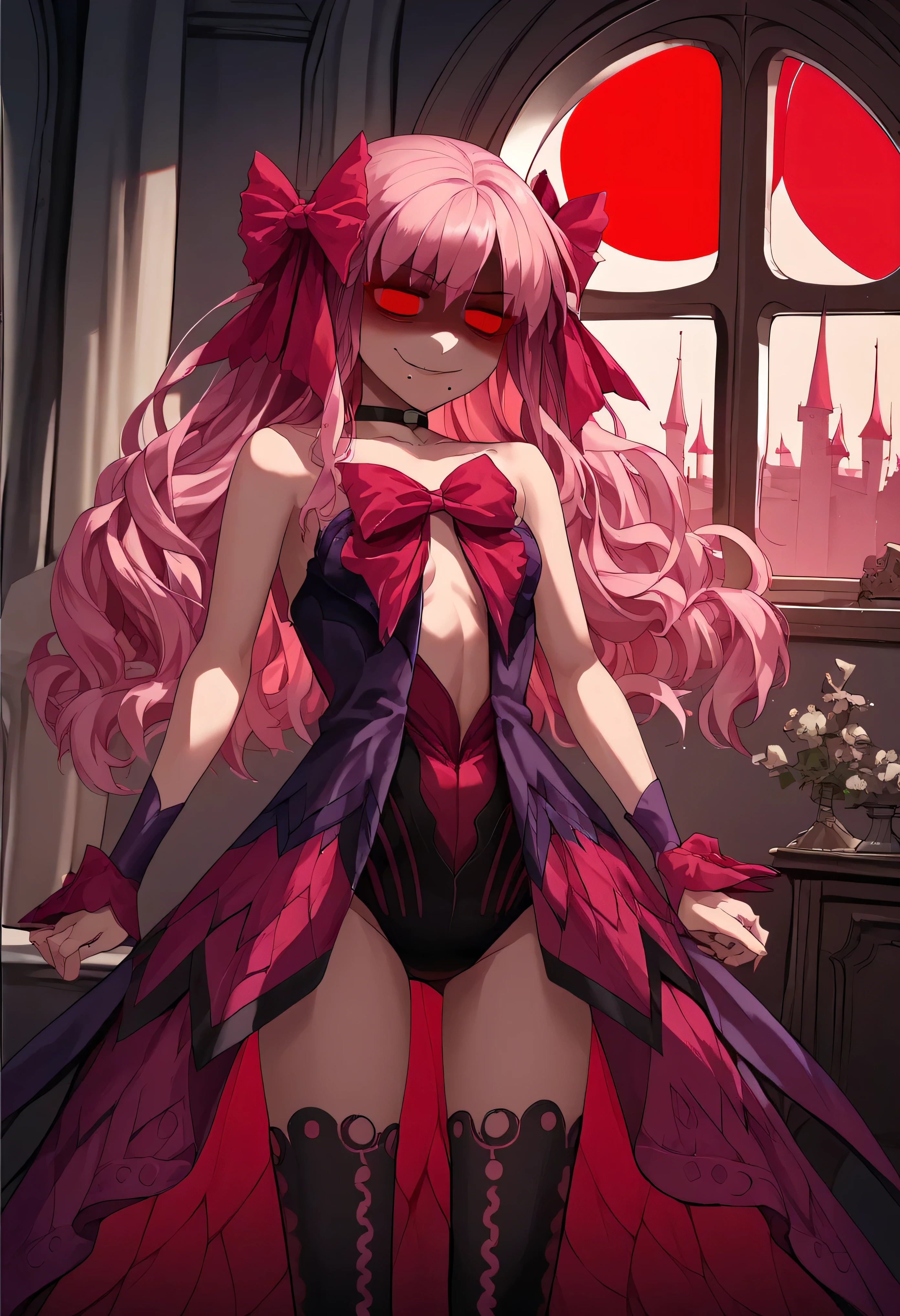 1girl, really long hair, pink hair, red eyes, mole under mouth, hair bow, choker, ribbon, leotard, center opening, bare shoulders, black thighhighs, wrist cuffs, laying, standing, cowboy shot, indoors, gothic, bedroom, castle, window, red moon score_9, score_8_up, score_7_up, score_6_up, score_5_up, score_4_up, BREAK source_anime, masterpiece,shaded face(eyes in shadow),very evil smirk, 