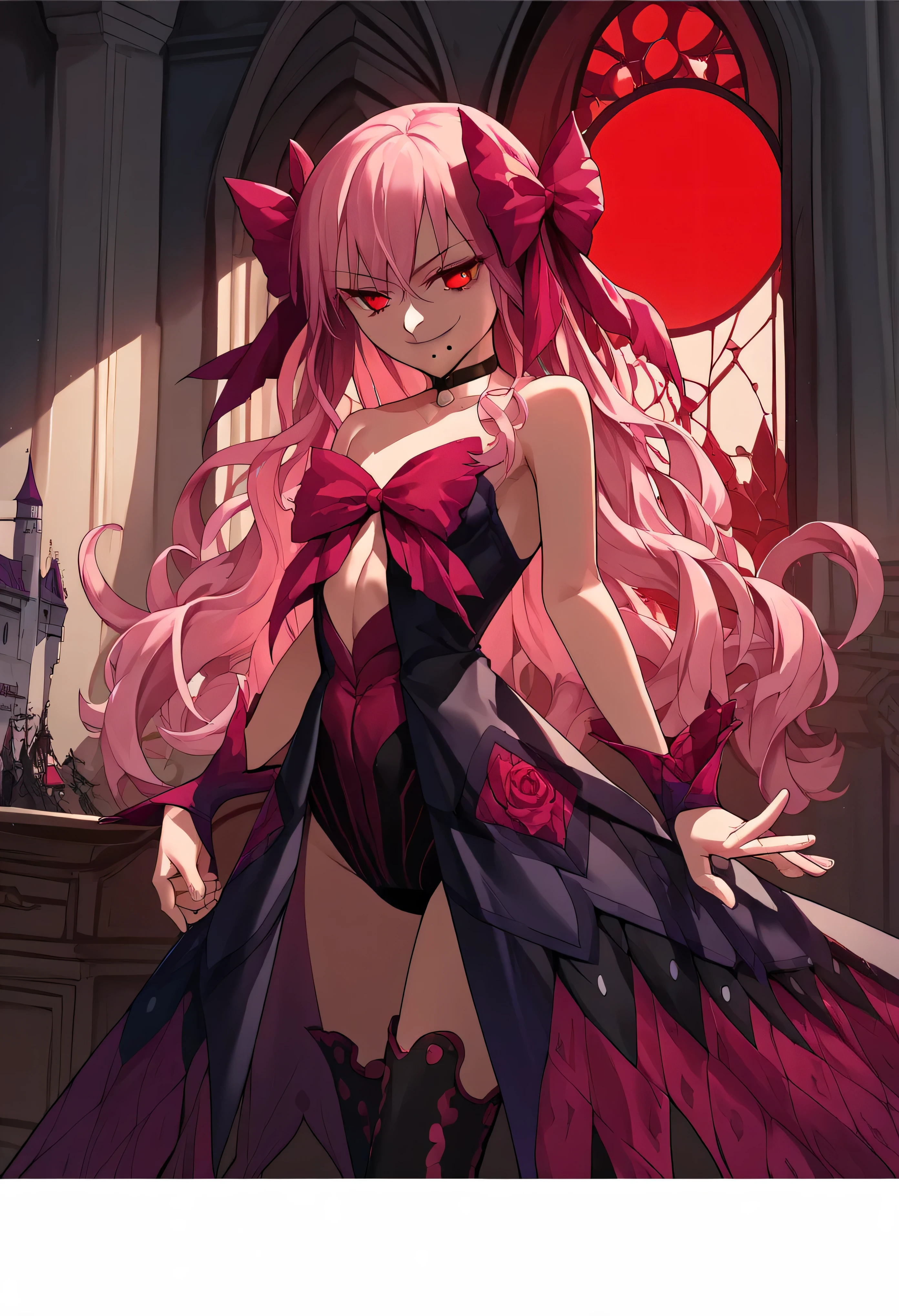 1girl, really long hair, pink hair, red eyes, mole under mouth, hair bow, choker, ribbon, leotard, center opening, bare shoulders, black thighhighs, wrist cuffs, laying, standing, cowboy shot, indoors, gothic, bedroom, castle, window, red moon score_9, score_8_up, score_7_up, score_6_up, score_5_up, score_4_up, BREAK source_anime, masterpiece,,very evil smirk, 