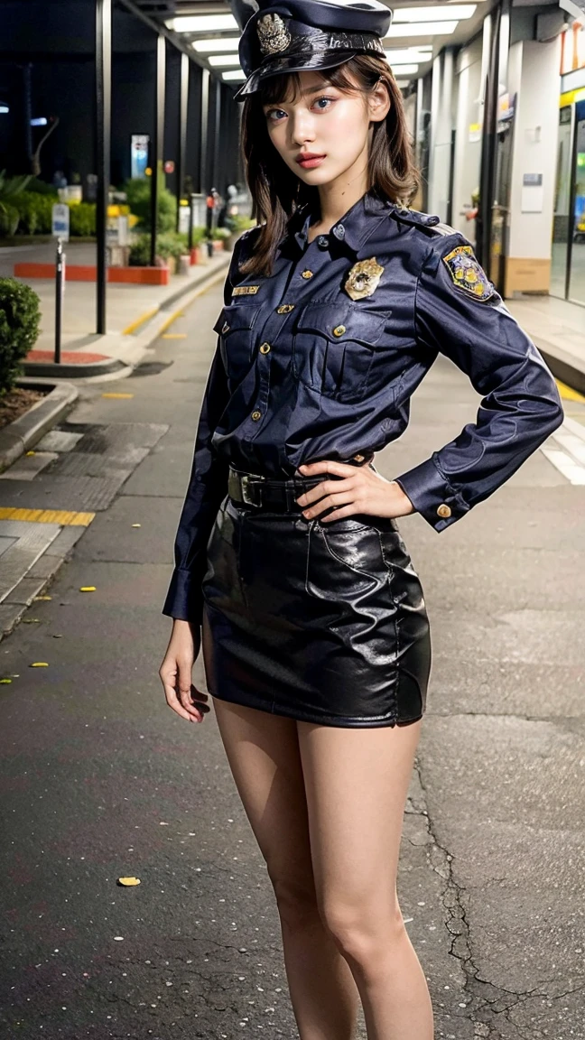 Alone, (police uniform, policewoman), socks, City Lights, (looking at the audience: 1.3), parted lips, Red lips, shiny skin, dents in the skin, Best Quality, ultra high resolution, (realism: 1.4),  