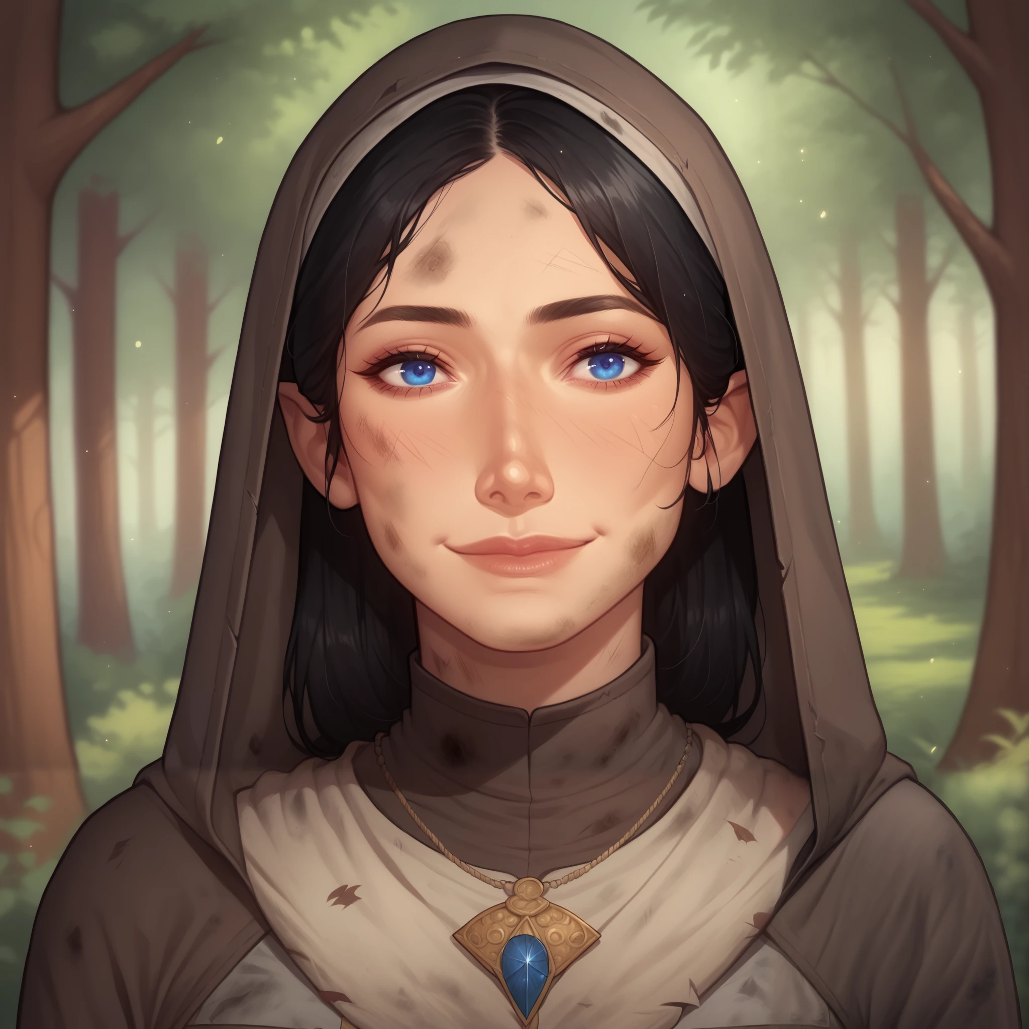 (((beautiful, high quality, comics style, detailed face))), score_9, score_8_up, score_7_up, BREAK, 1girl, human, (duxlipa), ((Franciscan monk robe, brown robe, hood up)), small pointed ears, black hair, blue eyes, simple pendant, dirty clothes, smile, docile, female focus, solo:1.4, portrait, upper body, portrait, looking at the viewer, forest background, fantasy, blurred background, Expressiveh, detailxl, DeepNegative_xl_v1, zPDXL3