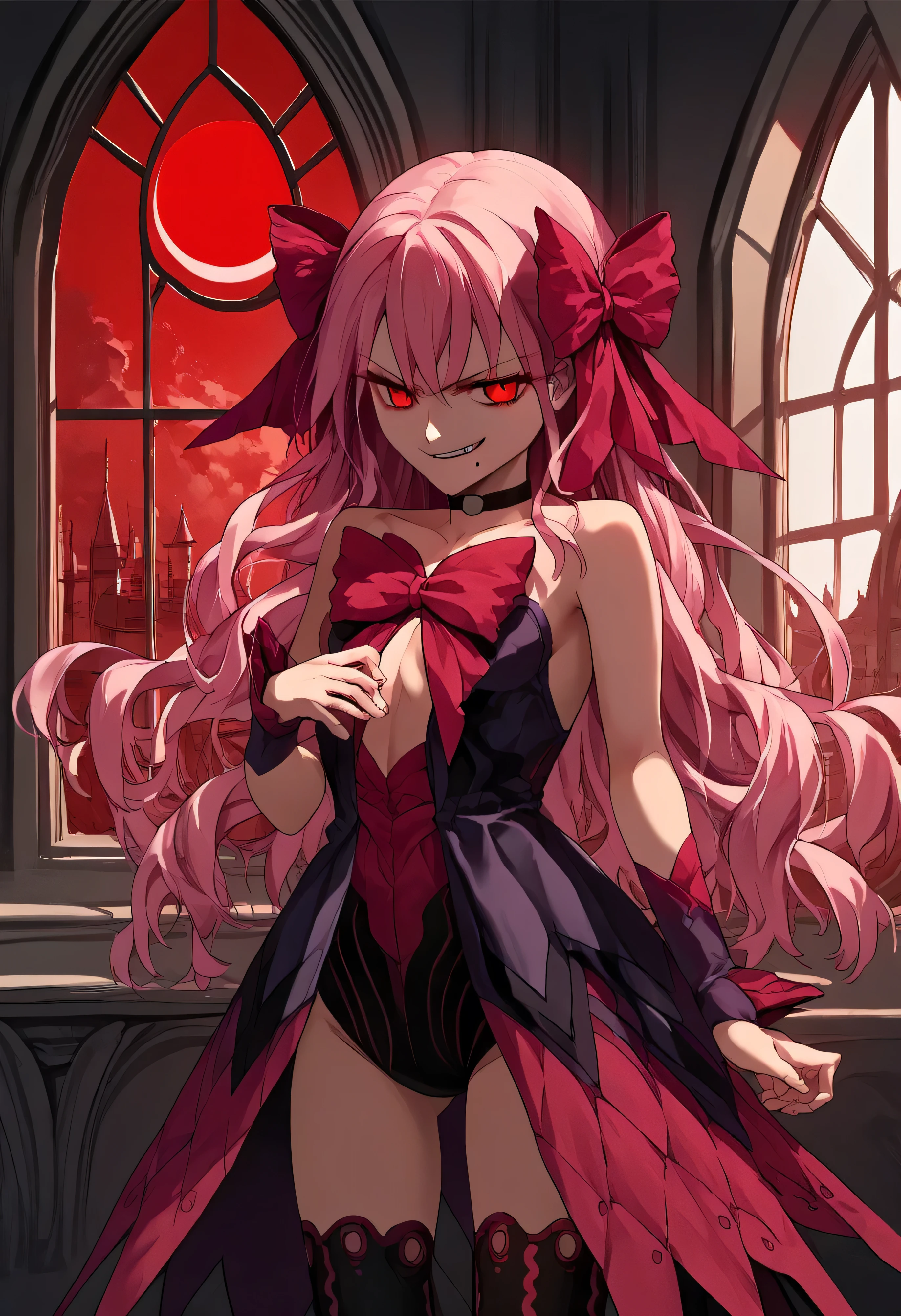 1girl, really long hair, pink hair, red eyes, mole under mouth, hair bow, choker, ribbon, leotard, center opening, bare shoulders, black thighhighs, wrist cuffs, laying, standing, cowboy shot, indoors, gothic, bedroom, castle, window, red moon score_9, score_8_up, score_7_up, score_6_up, score_5_up, score_4_up, BREAK source_anime, masterpiece,,very evil smirk, 