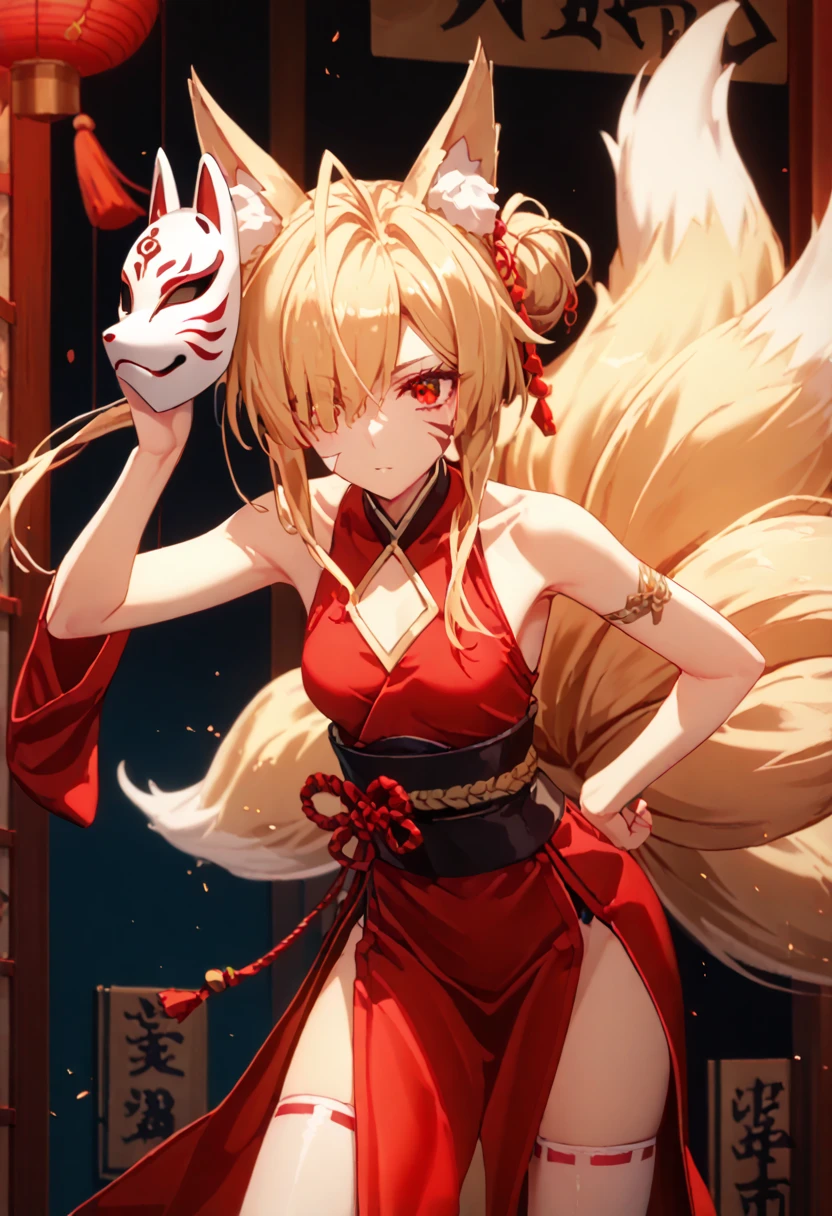  hair covers the eye, rpg, sperm,  bare shoulders are visible, 1 girl,  long golden hair, 4K,  red eyes , , fox ears, hair template ,   red stripes on face, black mascara, red kimono , sleeveless, brassiere, 9 tails,  white stockings, Fox mask, sweet girl, goddess, Geisha, prostitute, chest cutout, teenager girl, magician,  fantasy, fighting stance