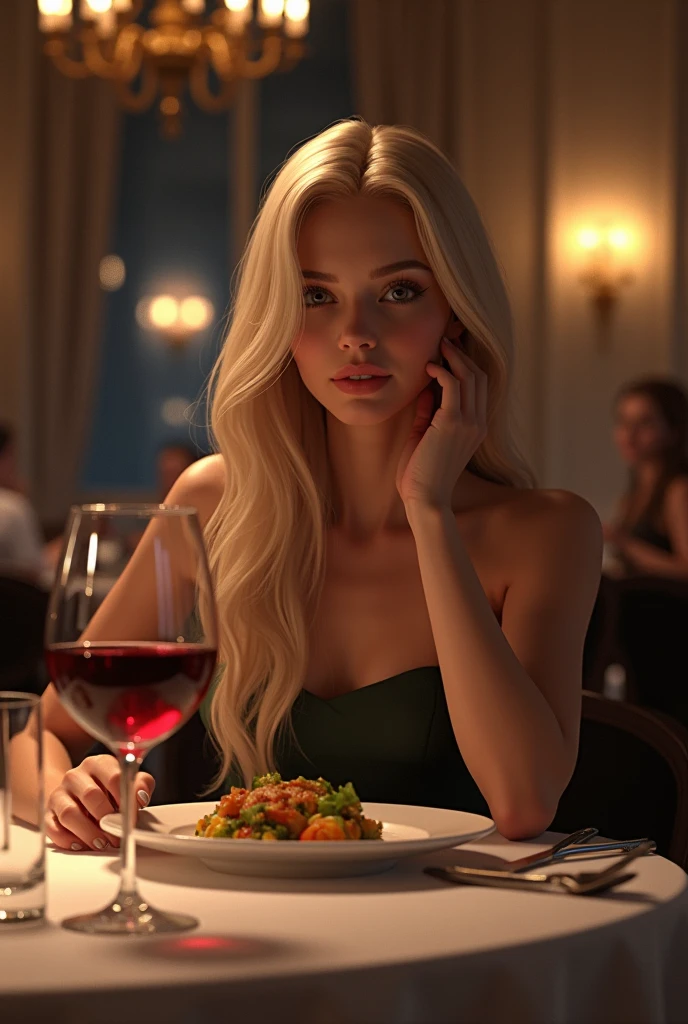 Fille blonde blanche aux longs cheveux blonds. Corps mince. Realiste. Simple. Forte poitrine. Au Restaurant dans une robe couleur noir. Iphone