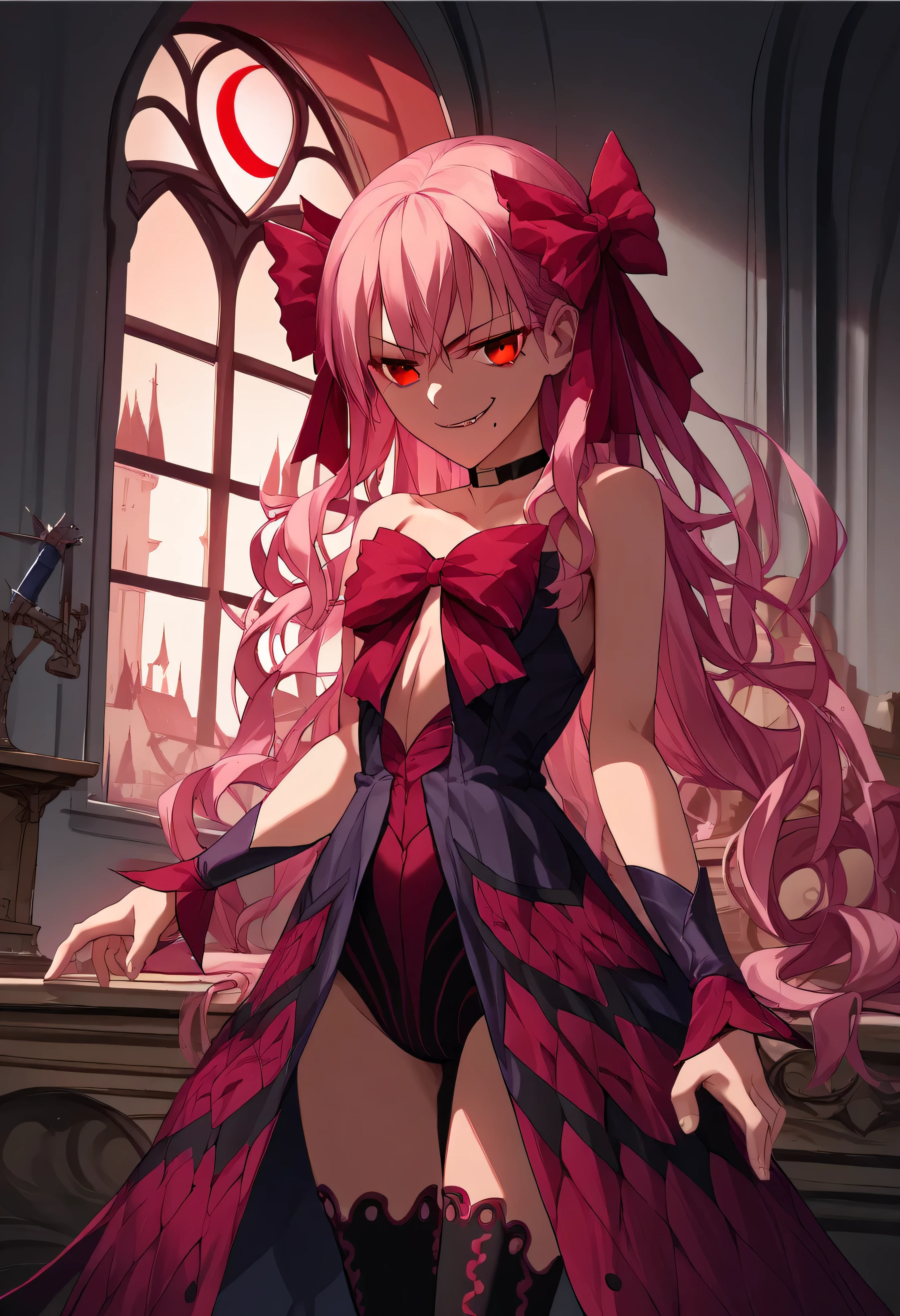 1girl, really long hair, pink hair, red eyes, mole under mouth, hair bow, choker, ribbon, leotard, center opening, bare shoulders, black thighhighs, wrist cuffs, laying, standing, cowboy shot, indoors, gothic, bedroom, castle, window, red moon score_9, score_8_up, score_7_up, score_6_up, score_5_up, score_4_up, BREAK source_anime, masterpiece,,very evil smirk, 