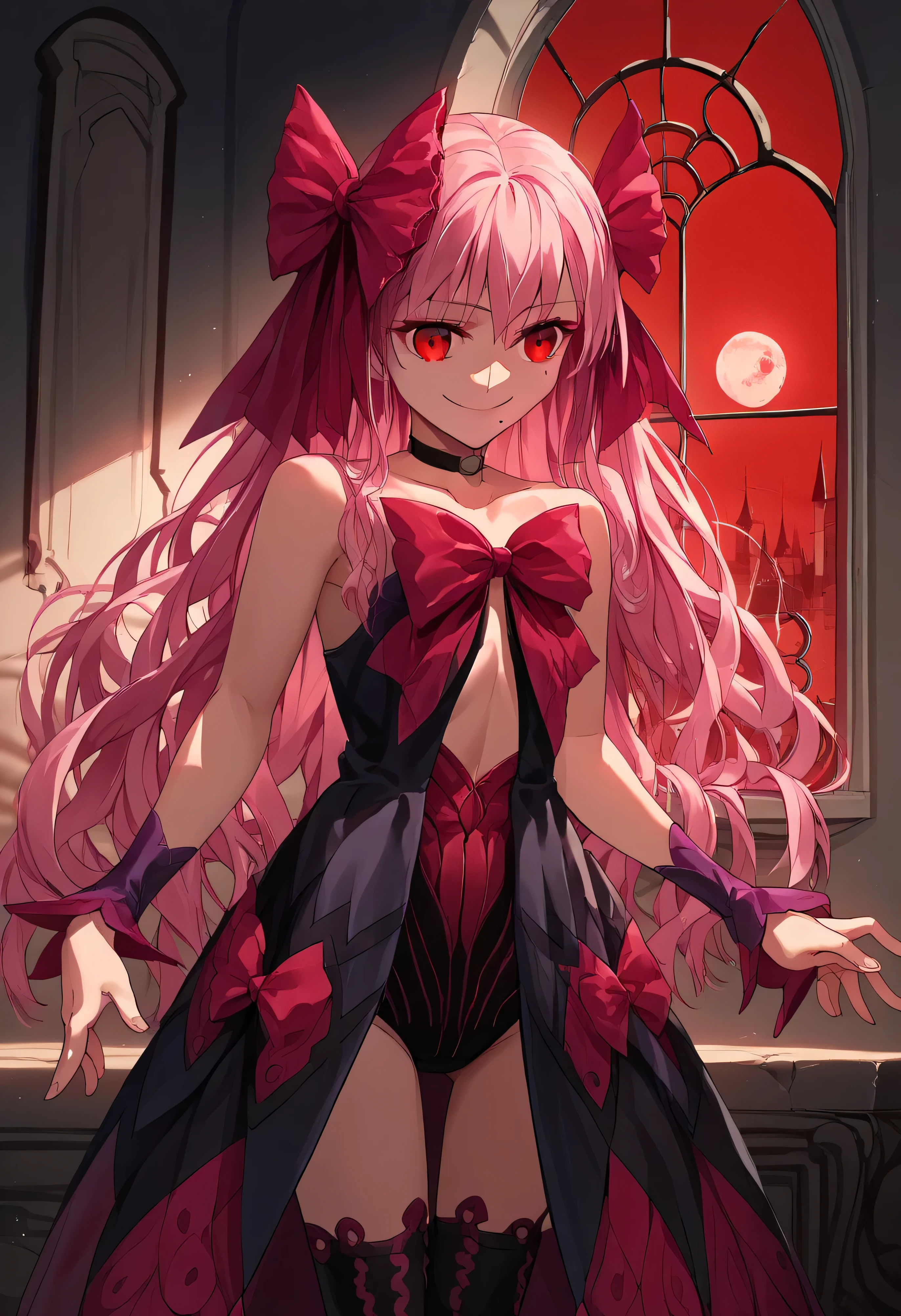 1girl, really long hair, pink hair, red eyes, mole under mouth, hair bow, choker, ribbon, leotard, center opening, bare shoulders, black thighhighs, wrist cuffs, laying, standing, cowboy shot, indoors, gothic, bedroom, castle, window, red moon score_9, score_8_up, score_7_up, score_6_up, score_5_up, score_4_up, BREAK source_anime, masterpiece,,very evil smile, 