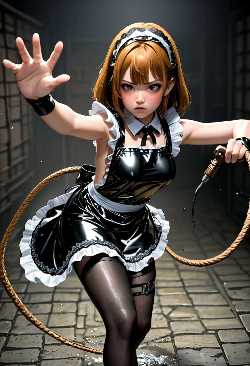 ultra,  The highest quality image ,  artistic masterpiece.  The Japanese-looking girl ,  heavenly beauty , 18+. arrogant, very angry, dissatisfied. copper hair ,  maid bandage .  Black lace latex dress ,  black lace latex skirt ,  black latex stockings ,  black latex gloves,:   (Yellow latex lace apron) .  No naked body . Standing in a dark ,  raw dungeon.Holds a black weapon , whip ping:1.2, cutting:1.2 , whip:1.2, fighting stance:1.2,((( whipping:1.2, motion blur:1.2 ,  path motion:1.2 ))), arms outstretched :1.2, doyagao , incoming vertical whip:1.2 , incoming horizontal whip:1.2