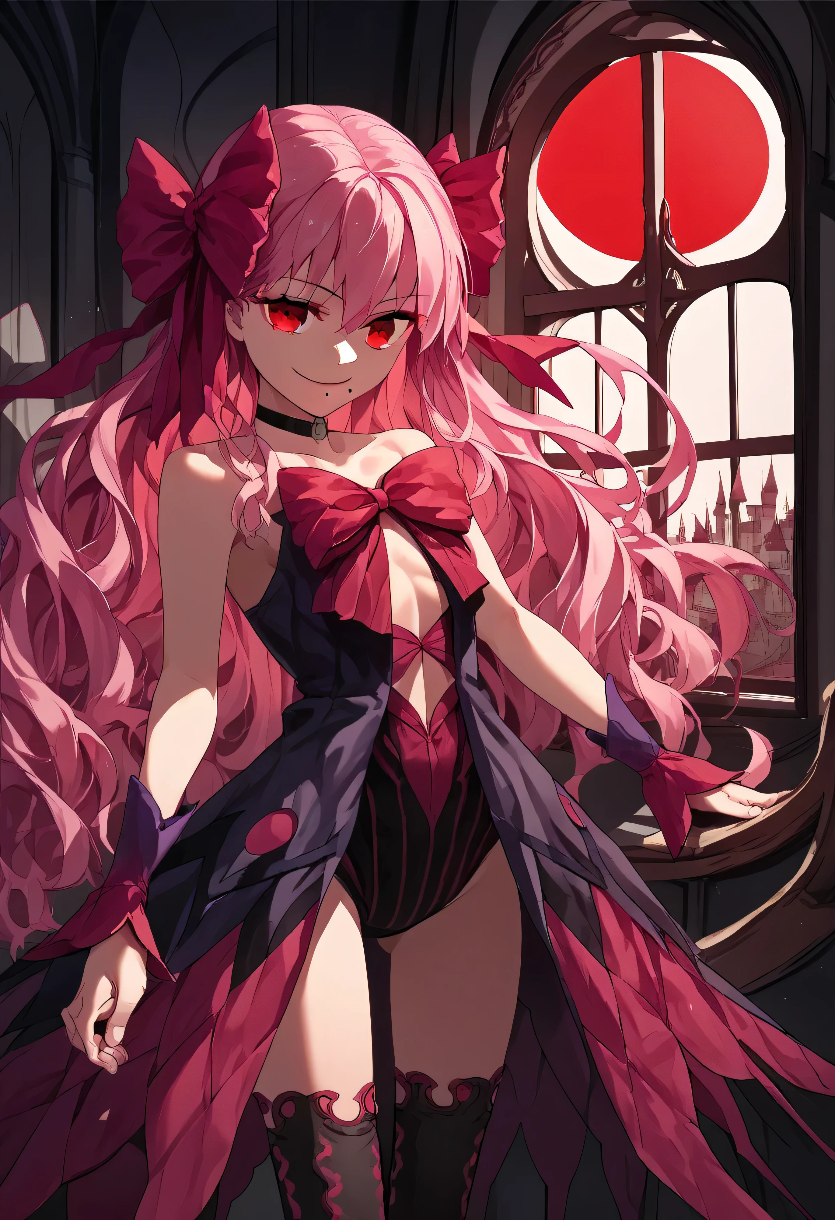 1girl, really long hair, pink hair, red eyes, mole under mouth, hair bow, choker, ribbon, leotard, center opening, bare shoulders, black thighhighs, wrist cuffs, laying, standing, cowboy shot, indoors, gothic, bedroom, castle, window, red moon score_9, score_8_up, score_7_up, score_6_up, score_5_up, score_4_up, BREAK source_anime, masterpiece,,very evil smile, 