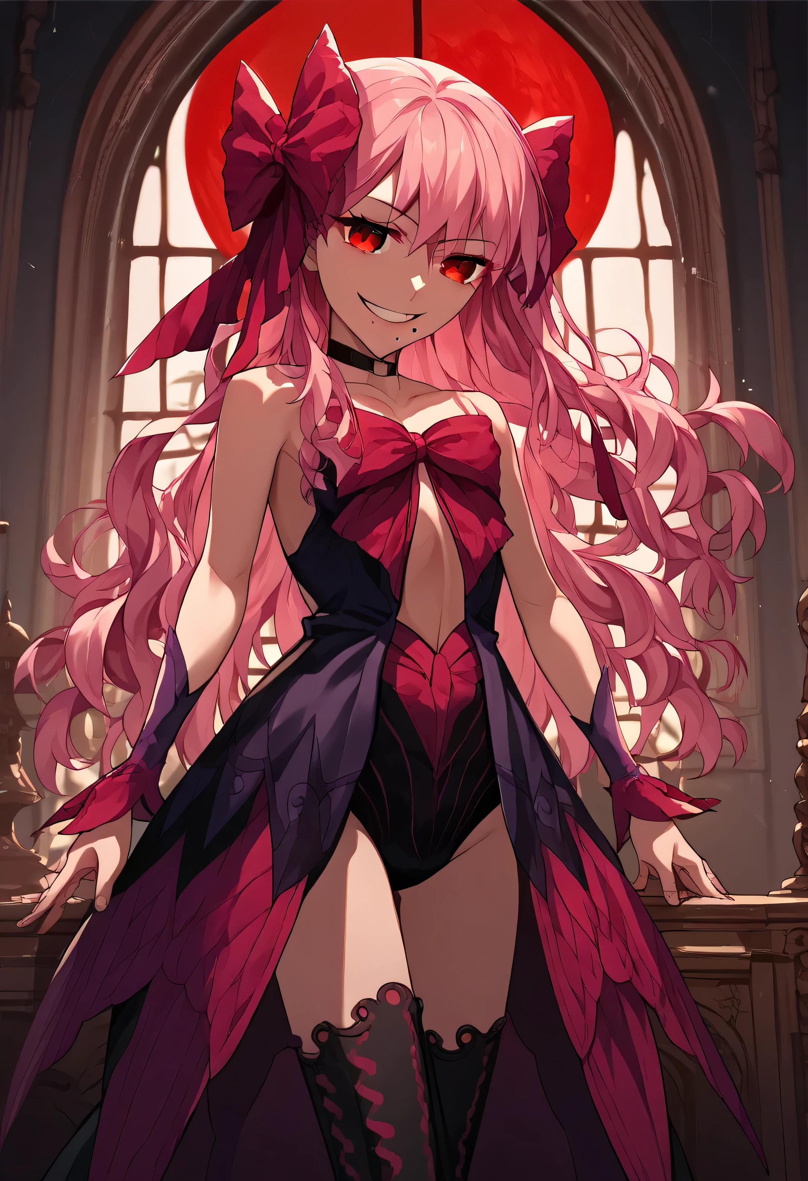 1girl, really long hair, pink hair, red eyes, mole under mouth, hair bow, choker, ribbon, leotard, center opening, bare shoulders, black thighhighs, wrist cuffs, laying, standing, cowboy shot, indoors, gothic, bedroom, castle, window, red moon score_9, score_8_up, score_7_up, score_6_up, score_5_up, score_4_up, BREAK source_anime, masterpiece,,very evil smile, 