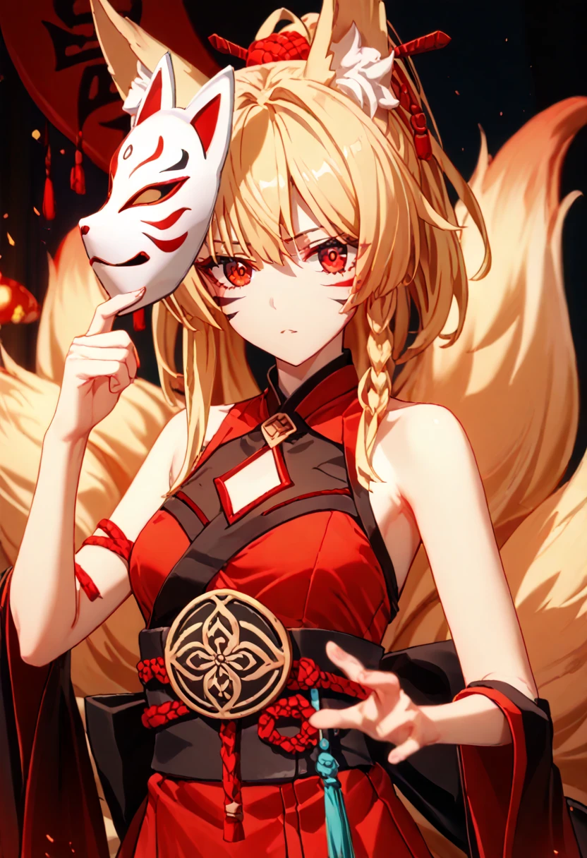  hair covers the eye, rpg, sperm,  bare shoulders are visible, 1 girl,  long golden hair, 4K,  red eyes , , fox ears, hair template ,   red stripes on face, black mascara, red kimono , sleeveless, brassiere, 9 tails,  white stockings, Fox mask, sweet girl, goddess, Geisha, prostitute, chest cutout, teenager girl, magician,  fantasy, fighting stance, трусики и лифчик