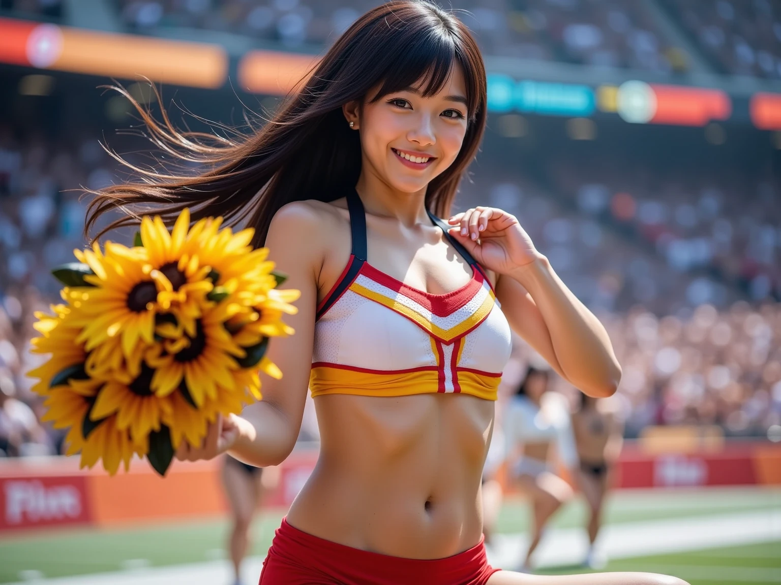 Exposure:1.2、Nipples、tits、Camel Toe、large breast、(focus breasts)、full body、Line、(Stadium Background:1.2)、(Angle from below:1.2)、Cheerleaders wearing sexy cleavage、大きなtitsの接写, (Cheerleader Cosplay) , Top quality stadium, 