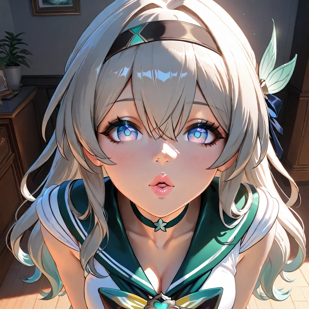 Masterpiece, best quality, retina, detailed, super detailed, 3d rendering, UHD, 4k, accurate, realistic, dynamic, delicate, high resolution, anatomically correct, firefly in honkai: star rail, sailor neptune cosplay, standing, aroused, make up, pink lips, pov, incoming kiss,