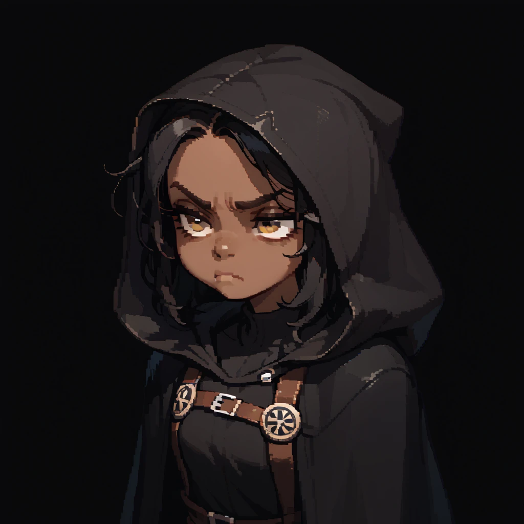 pixelart portrait of a dark-skinned gnome shortstack, ((dark-skinned female, brown skin)), black hair, bored expression, annoyed face, big eyes, black hooded cloak, black fantasy rogue leather outfit, above shoudlers, black background, black faceveil