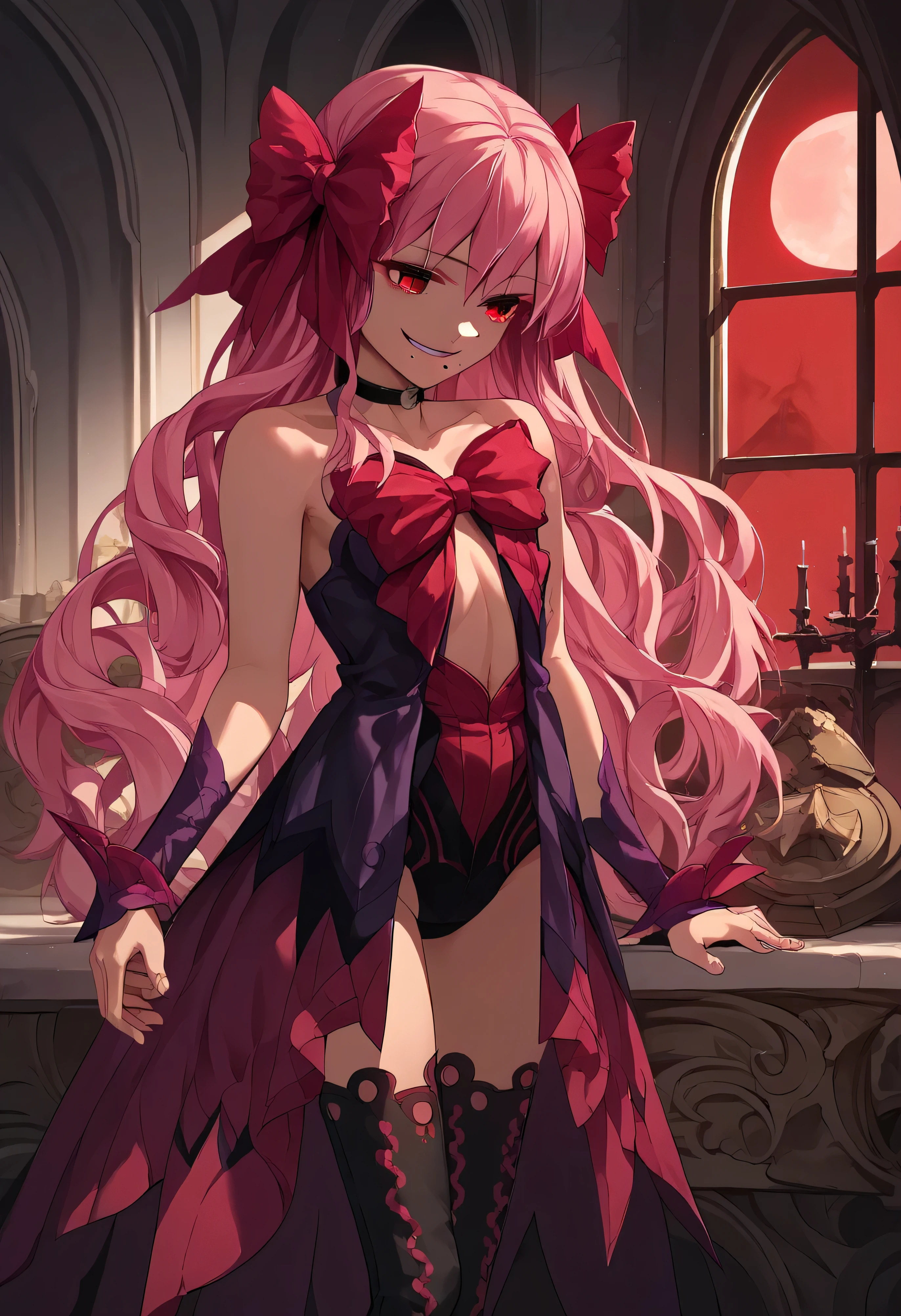 1girl, really long hair, pink hair, red eyes, mole under mouth, hair bow, choker, ribbon, leotard, center opening, bare shoulders, black thighhighs, wrist cuffs, laying, standing, cowboy shot, indoors, gothic, bedroom, castle, , red moon score_9, score_8_up, score_7_up, score_6_up, score_5_up, score_4_up, BREAK source_anime, masterpiece,,very evil smile, 