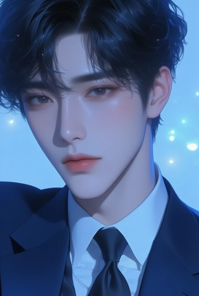  a man, Asian, of Korean origin , Japanese, Chino,  short hair in a fuss ,  black hair, black eyes, Serious, dominant, Omega man, young, 30 YEARS, Businessman , businessman,  navy blue suit , white shirt and black tie, closed lips, natural lips, Kpop, Illuminated background,  tanned skin ,  close up ,  pale blue background 