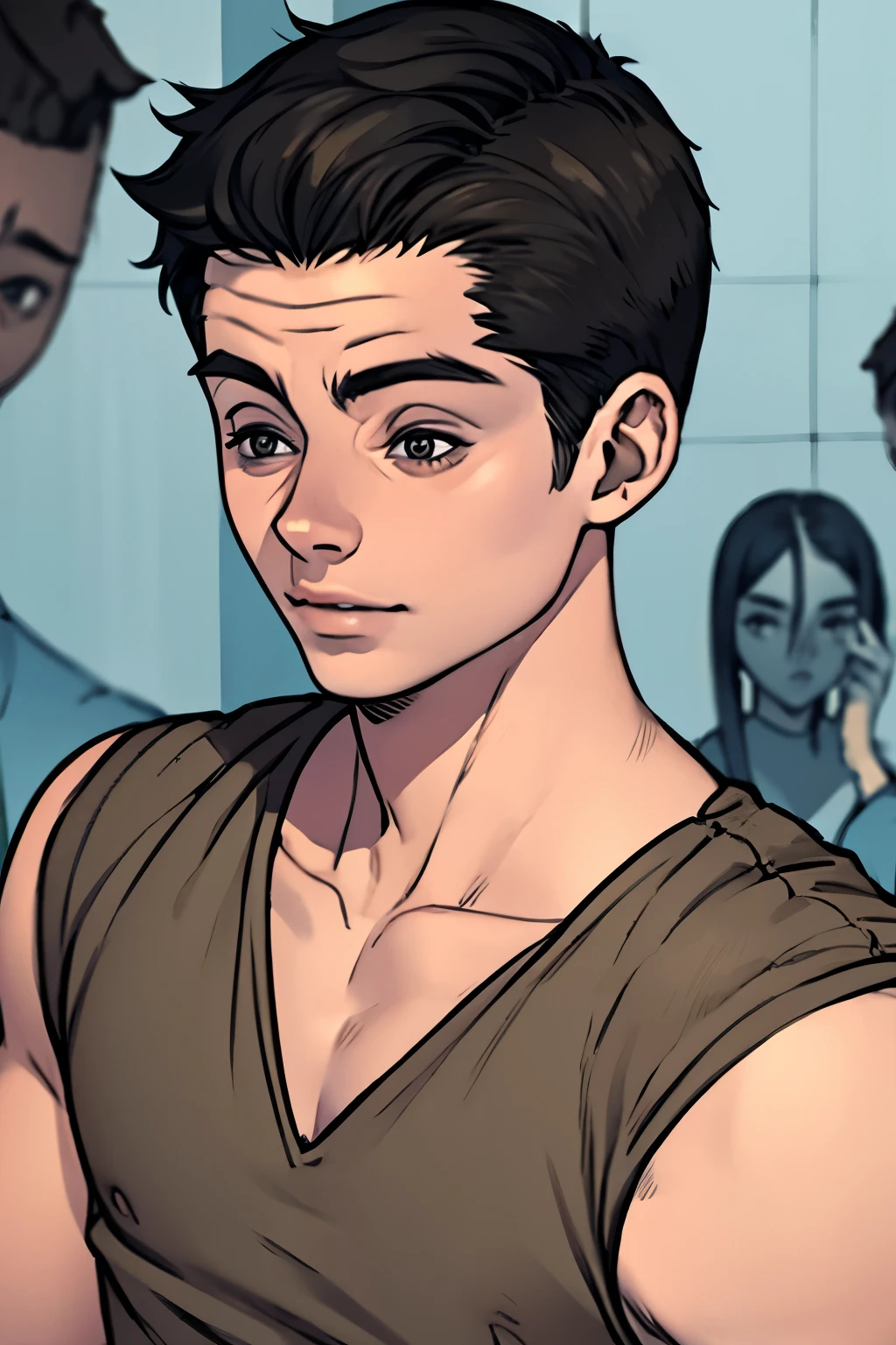 there a man sitting on a toilet with his hands on his knees, comic digital art, archie comic style, Archie Andrews, Hiperrealista , Joven griego, Ethan Klein, coloreado digitalmente, Pintura digital de dibujos animados, Peter Parker, Tono de pantalla coloreado, pintado digitalmente, Dibujado con Photoshop, inspirado por Adam Dario Keel, in the art style of bowater. beautiful detailed brown eyes