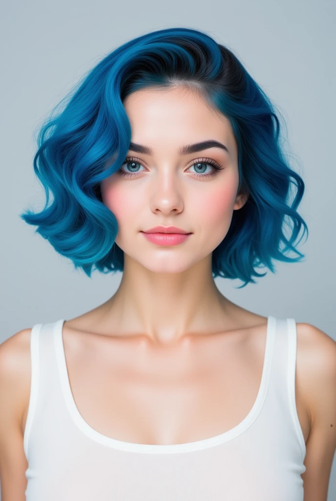 The image is a high-resolution photographic portrait of a woman with fair skin and striking facial features. She has short, wavy, electric blue hair, which elegantly frames her face. Her eyes are a deep blue, accentuated by dark, well-defined eyebrows and long, voluminous eyelashes. Her make-up is subtle and natural, with a touch of blusher on her cheeks and a soft pink lipstick to complement her complexion. The background is a simple light grey, which enhances the focus of her face. She wears a white tank top, which adds to the clean, minimalist aesthetic of the image. The overall composition is centred, with the subject looking directly at the camera, exuding a sense of confidence and poise. Perfect face, simetrical, supermodel