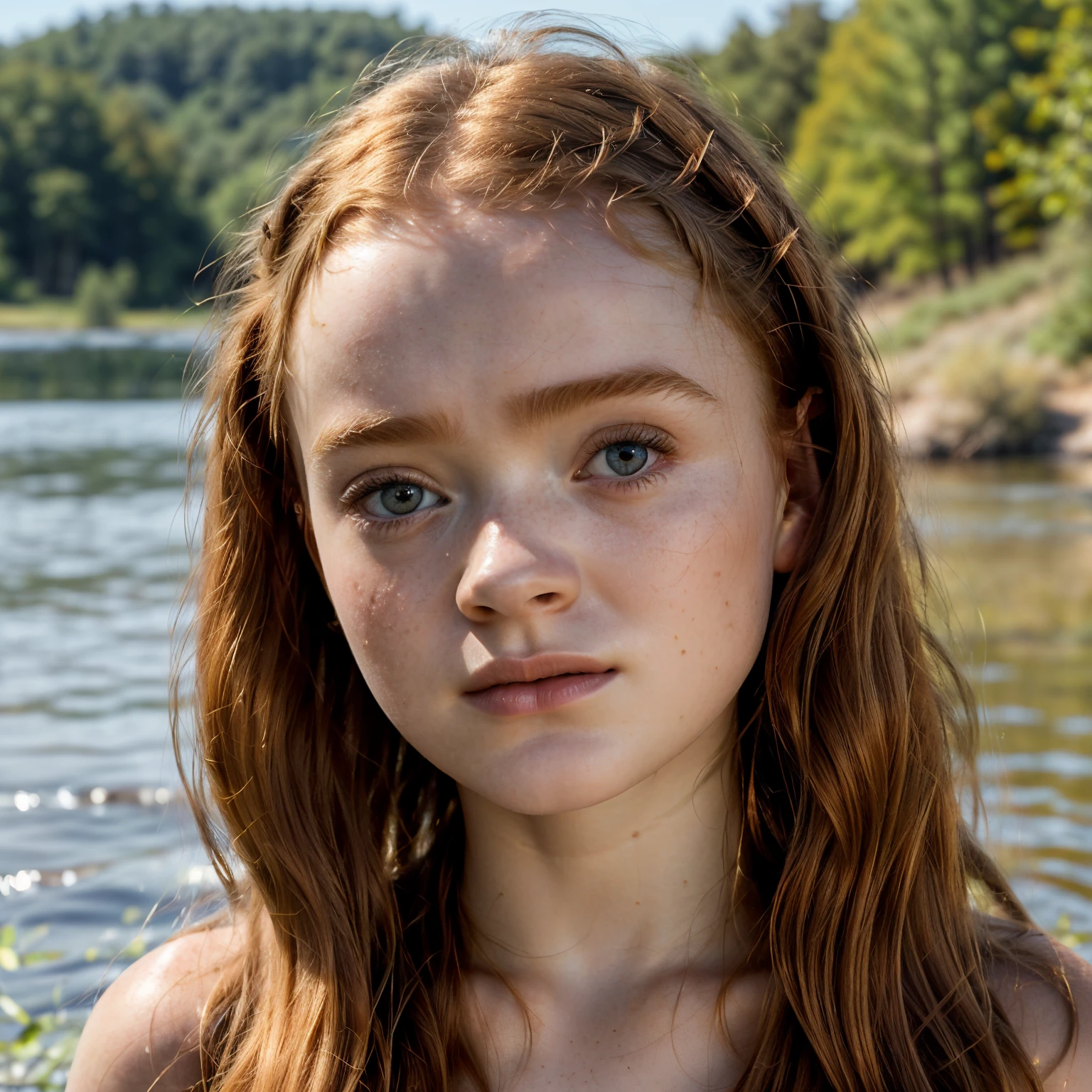 (photorealism:1.2), ((cute young Sadie Sink)), ((fully naked)), ((sitting on the bank of a lake on a hot sunny day)), ((high gloss well-oiled shiny smooth skin)), ((three quarter body length)), ((close view)), ((NSFW)), ((photo-realistic skin)), ((natural bright sunlight)), ((photo-realistic light and colour)),