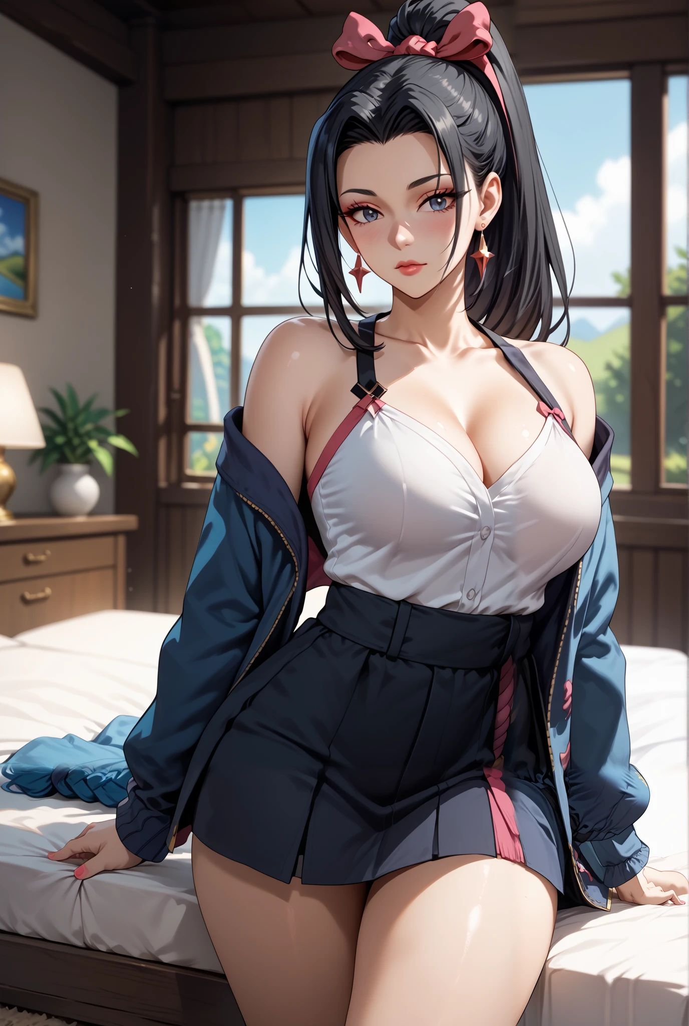 Masterpiece, extremely detailed,4k,solo,1girl,hanabi,perfect slim body, stand up,ambarrased, black ponytail hair, ,long legs ,perfect slim body,large breasts,bed room, ((kawai face)),embarassed ekspression, cowboy shoot,((grass))
