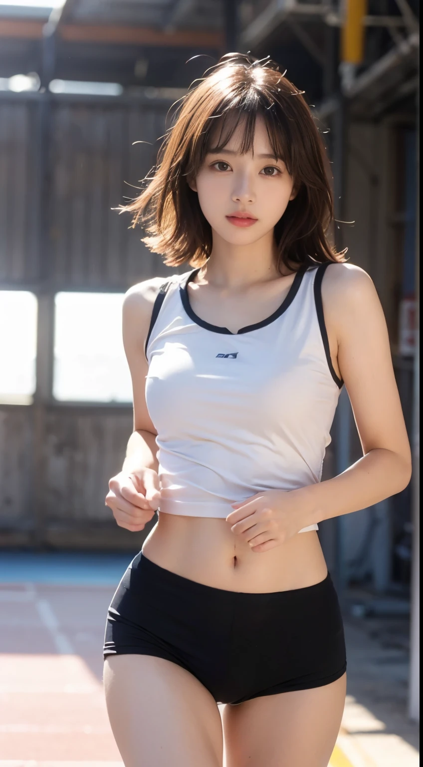 (super flat, flat shading, flat color:1.1)、(One Asian ish girl)、(cute:1.2)、very beautiful 14 rl cartoon、wonderful smile、cheeks are red、(high detail skin: 1.2)、Photorealistic anime girl rendering、Realistic anime 3d style、cuteボブカット、beautiful brown hair、intense black eyes、strong eye highlights、(detailed、Medium chest)、perfect anatomy、hair is dirty、old style sportswear、((Sportswear that shows through with sweat))、white tight sleeveless shirt、dark blue short tight shorts、((wet state))、from below、((from the front))、show off shorts、Small area sportswear、Angle from feet、from belowのアングル、((from below見上げるアングル、showing off crotch))、volume lighting、soft light、bright、neon、Bright colors、watercolor painting、