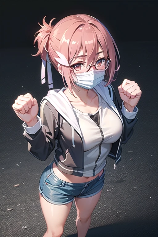 2d, masterpiece, best quality, anime, highly detailed, 1girl, solo, sayori, blue eyes, pink hair, short hair, hair bow, red bow, pink sports bra, nipples, red jogging shorts, running, condom in mouth, smile, cowboy shot, looking at viewer, street city background