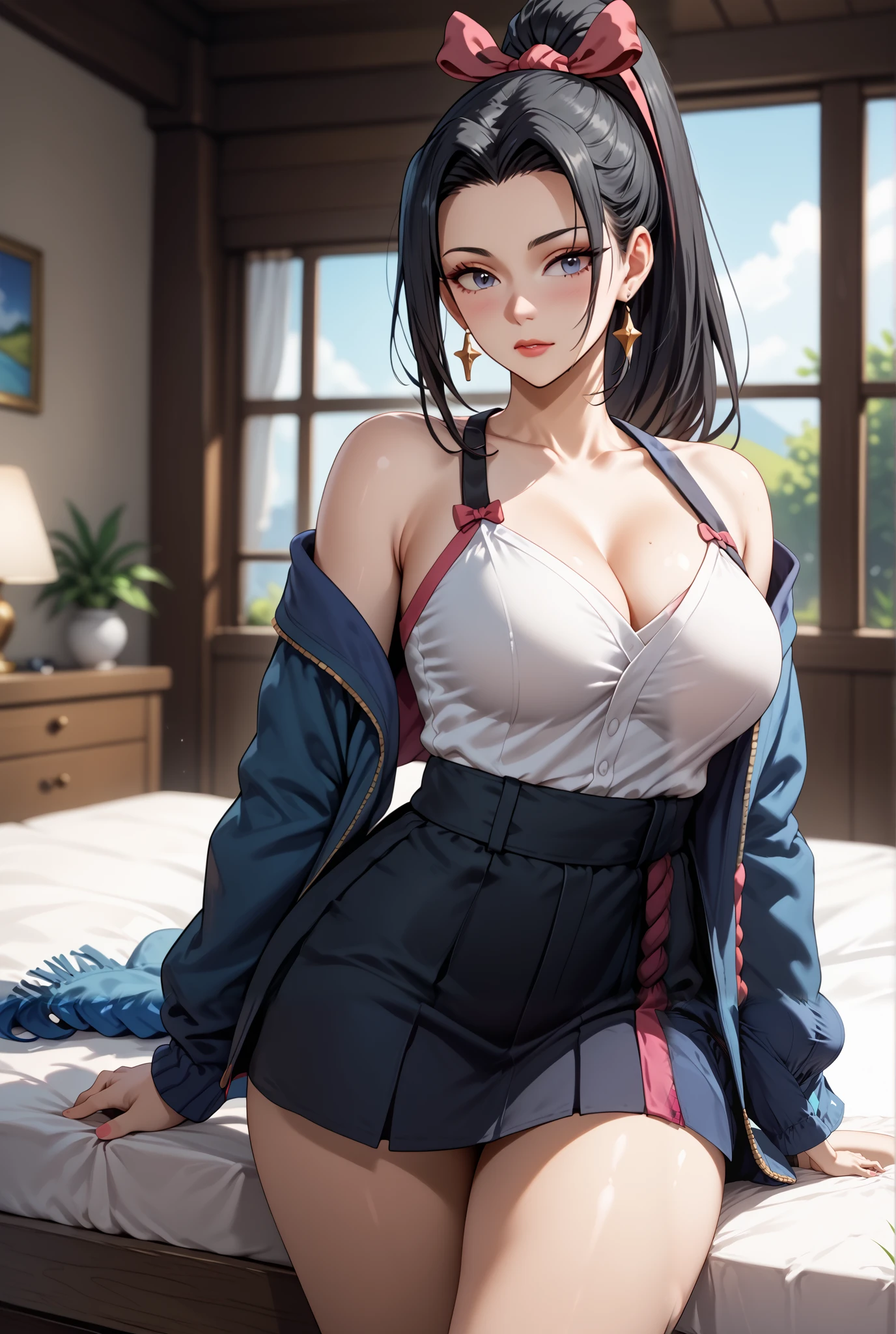 Masterpiece, extremely detailed,4k,solo,1girl,hanabi,perfect slim body, stand up,ambarrased, black ponytail hair, ,long legs ,perfect slim body,large breasts,bed room, ((kawai face)),embarassed ekspression, cowboy shoot,((grass))
