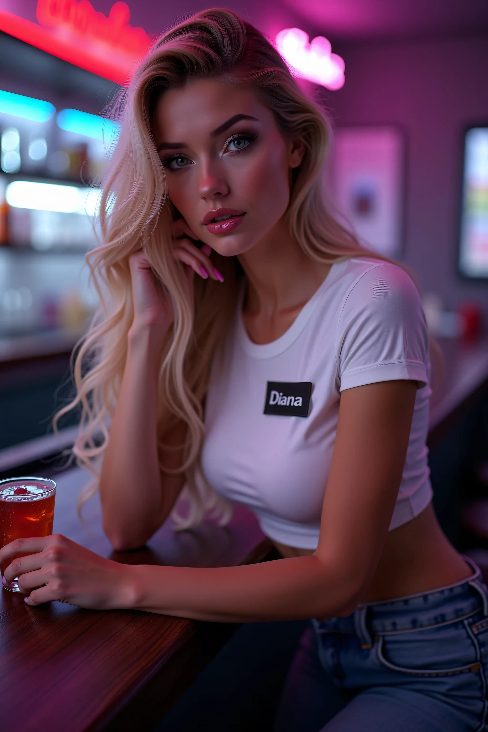 POV of a man at the bar, ultra realistic, photography, with long blonde hair, (wavy elegant hair, blue eyes, cat-eye make-up, lucious round lips, 30 years old, gorgeous face, voluptuous figure, perfect fit body, big enhanced breasts), shiny pink lips, Long eye lashes, Award Winning Glamour Photograph extremely detailed award winning glamour photograph, front lit, HDR, she is a female barkeeper, fshe is standing behind the bar and leans forward onto the barcounter onto her elbows, she is looking deep into your eyes, she has her lips slightly parted,, there is a cocktail next to her, at a futuristic bar with neon lights, she wears a tight white roundneck crop-top, she wears low-cut jeans, exposing her perfect fit stomach, she has a red nametag on her t-shirt that says "DIANA"
