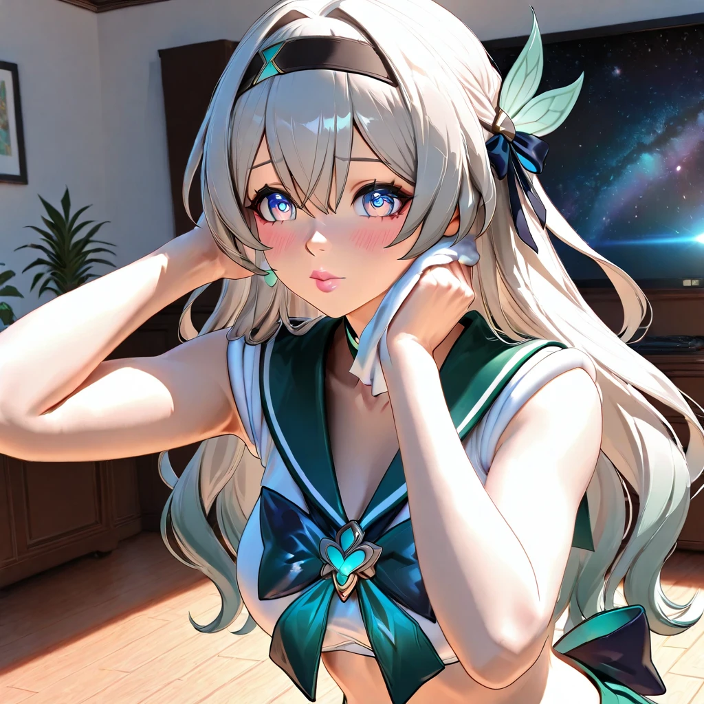 Masterpiece, best quality, retina, detailed, super detailed, 3d rendering, UHD, 4k, accurate, realistic, dynamic, delicate, high resolution, anatomically correct, firefly in honkai: star rail, sailor neptune cosplay, standing, wiping hair, blush, aroused, make up, pink lips, 