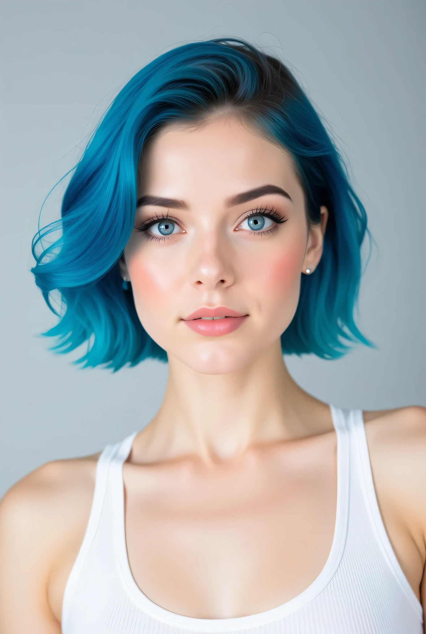 The image is a high-resolution photographic portrait of a woman with fair skin and striking facial features. She has short, wavy, electric blue hair, which elegantly frames her face. Her eyes are a deep blue, accentuated by dark, well-defined eyebrows and long, voluminous eyelashes. Her make-up is subtle and natural, with a touch of blusher on her cheeks and a soft pink lipstick to complement her complexion. The background is a simple light grey, which enhances the focus of her face. She wears a white tank top, which adds to the clean, minimalist aesthetic of the image. The overall composition is centred, with the subject looking directly at the camera, exuding a sense of confidence and poise. Perfect face, simetrical, supermodel