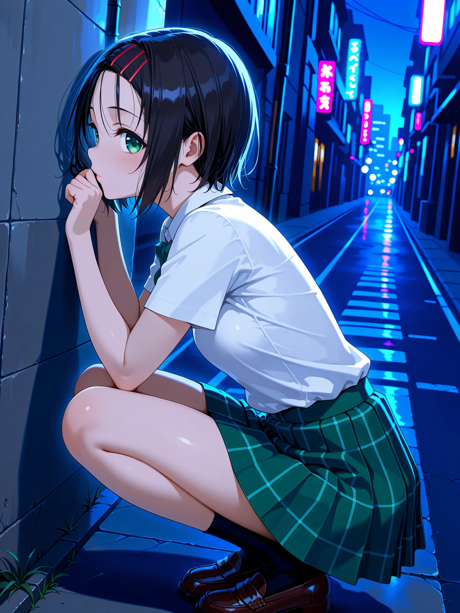 masterpiece,best quality,amazing quality,solo,1girl,
h_clip,black hair,green eyes,h_clothes,short sleeve blouse,school uniform,green plaid skirt,black socks,loafers,
profile,looking_at_viewer,city,street,night,dynamic_angle,cinematic_angle,cowboy_shot,squatting,cheek rest,