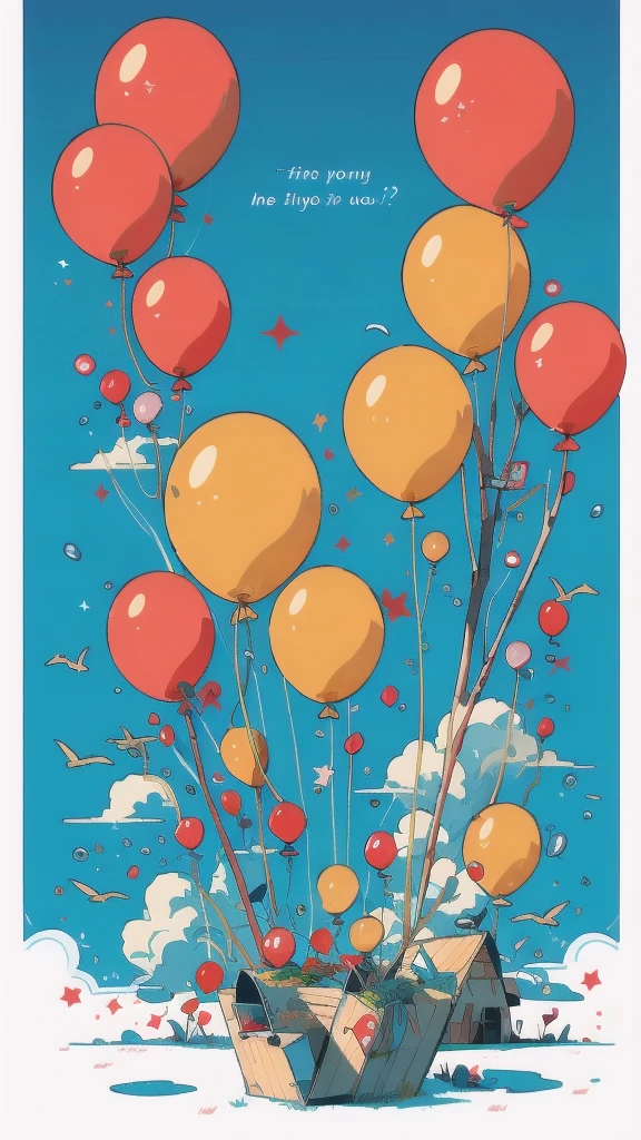  memory balloons ，wind（1.1）,Red and blue only ，Fine Lines， try to catch balloons， unreachable ，Banksy，