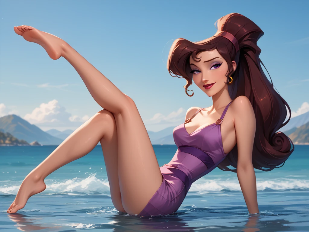 score_9, score_8_up, score_7_up, score_6_up, cinematic film still, 1girl, Full nude body view, BREAK Megara,1girl, solo, brown hair, purple headband, ponytail, thin face, naked, naughty face, small-medium beautiful feet, Disney 3D render, ((Megara wearing a tight purple minidress,  stiletto open toes, modeling in a sexy pose, looking seductivrly at viewer, (Megara's face exactly as original Disney character),