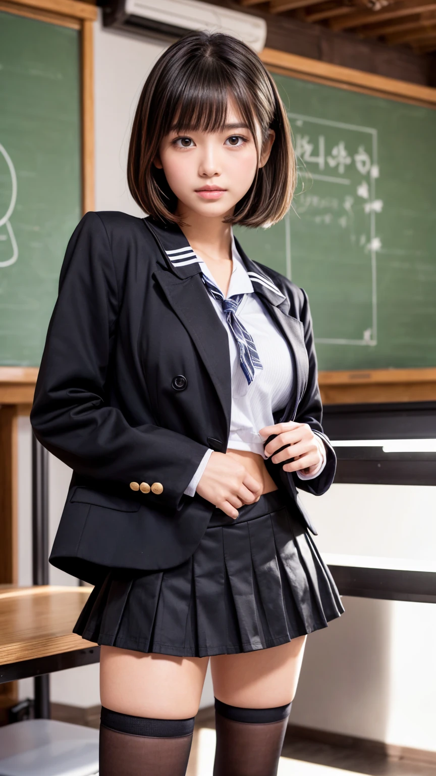 One Woman、((Standing wearing a blazer and miniskirt school uniform))、Primary school students,((small breasts)),Highest quality、Very delicate and beautiful、((Very short bangs))、((Bangs))、明るいつやのある茶色の髪のHighest quality、Very delicate and beautiful、((Very short bangs))、((blunt bangs))、Light shiny brown hair、The hair is light、((Short Bob))、Cute face、Young face、Cute like an idol、Are thin、Slim figure、slender、Short、 body type、((Background is an elementary school classroom))、Thighs、Photographed from the front、bag、