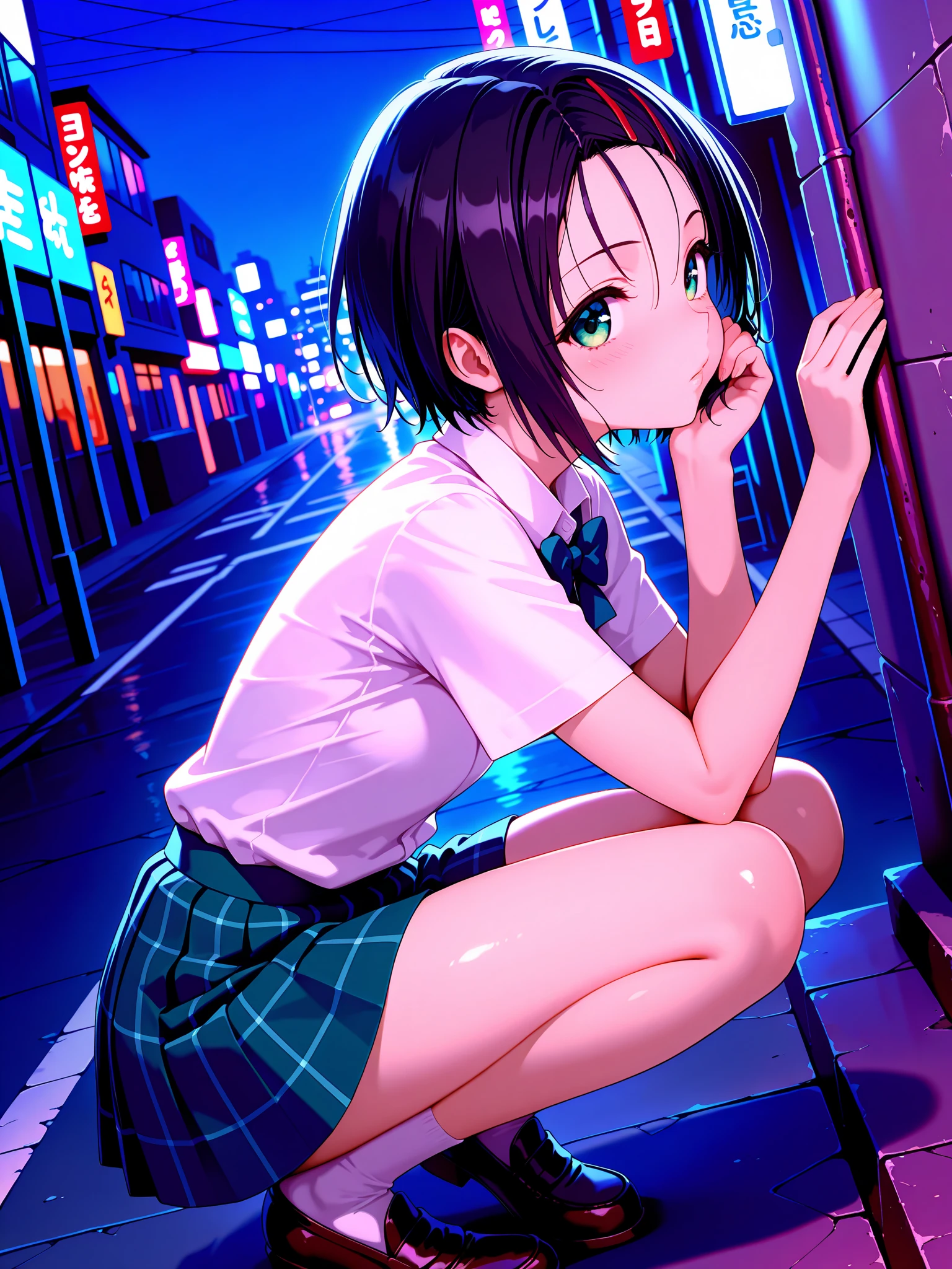 masterpiece,best quality,amazing quality,solo,1girl,
h_clip,black hair,green eyes,h_clothes,short sleeve blouse,school uniform,blue plaid skirt,white socks,loafers,
profile,looking_at_viewer,city,street,night,dynamic_angle,cinematic_angle,cowboy_shot,squatting,cheek rest,