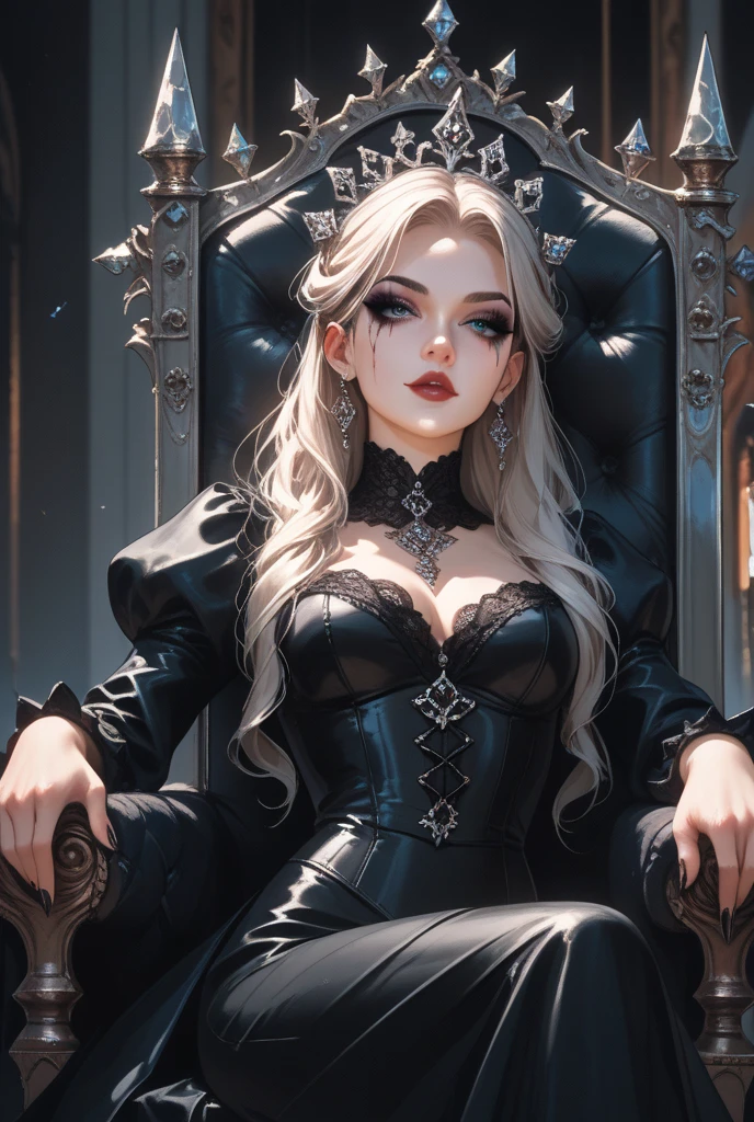 Create an image where a woman is sitting in an armchair in a medieval style room, she has silver hair and red eyes. She wears a black princess-style dress and has a frustrated expression as she supports her face with her hand.. At her feet is a purple tiger and at the bottom of her, the silhouette of 5 men, two are fighting and or three others standing with their arms crossed. Two of the ones who aren't fighting have long hair ----- Make the picture as realistic as possible, but in manhwa style, and don't forget that the tiger is purple and there are five men in the background . So the silhouettes of the men appear ( they don't have beards) are young, between 20 and 2