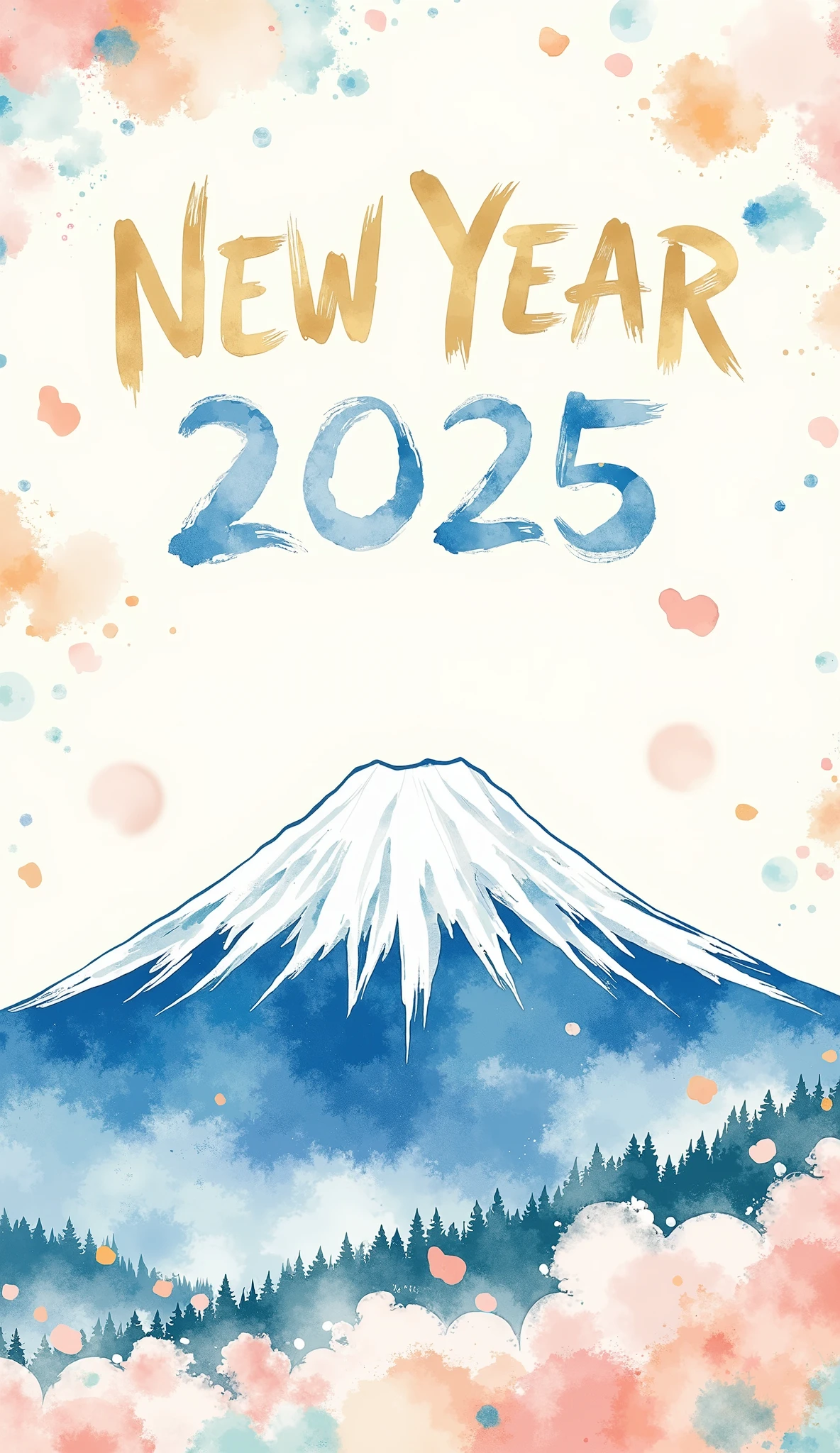 (masterpiece:1.2,EXCEPTIONAL QUALITY  ,Mirror Finish  ,  CINEMATIC EXPERIENCE  ,  best illustration:2.0),  ultra high definition ,  very detailed ,8k,16k, wallpaper,(  new year poster :2.0),(watercolor),( cute illustrations :2.0),("NEW YEAR 2025"Write the text of with a brush:2.0),( abstract and cute illustrations:2.0),( cute illustrations  of Mt. Fuji:2.0),(  minimalist:2.0),(  simple design  :2.0)