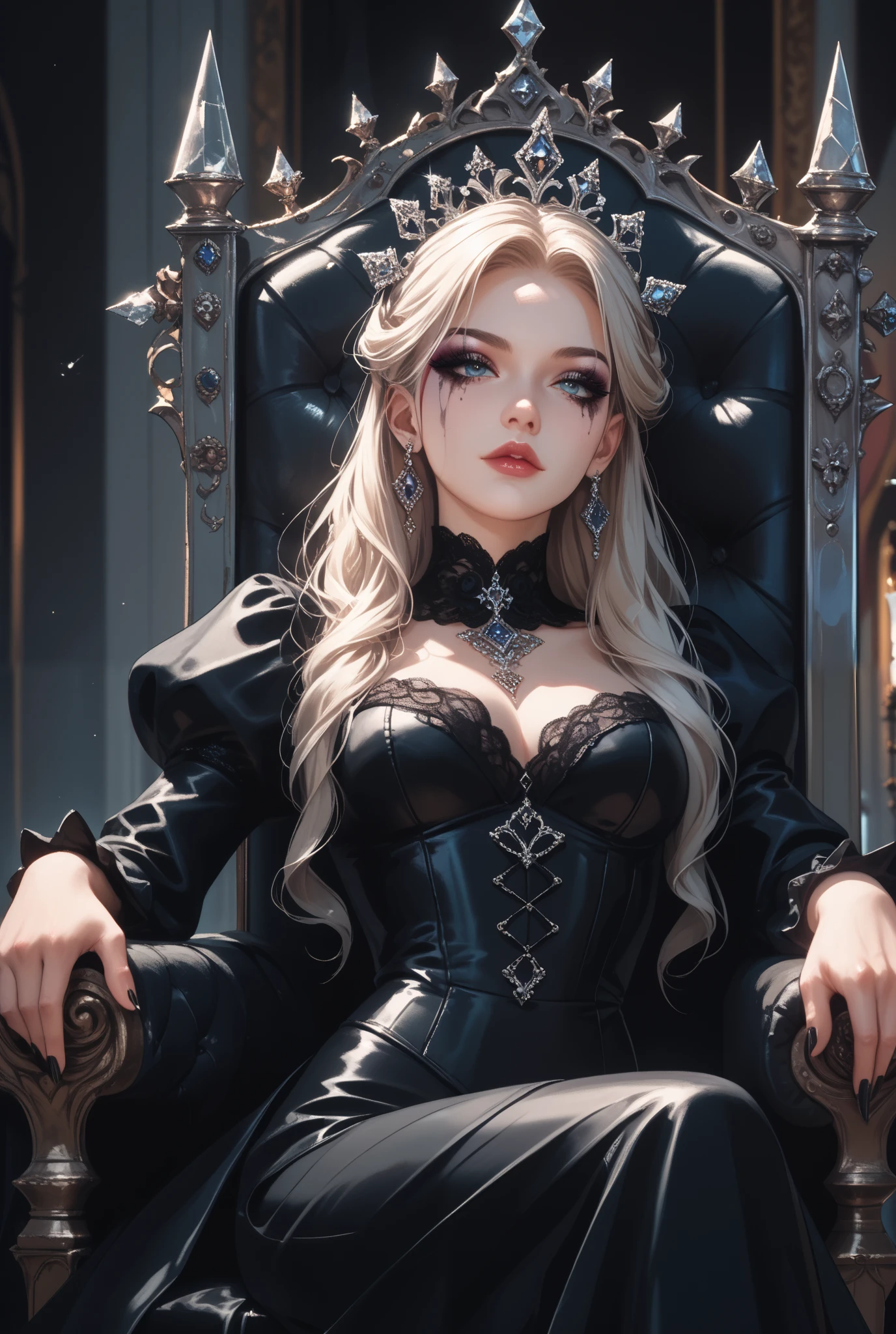 Mulher de vestido preto sentada em uma poltrona de madeira e couro, Beautiful female vampire queen, rainha vampira bonita, Beautiful elegant demon queen, feiticeira bonita, an elegant gothic princess, gothic maiden, uma bela feiticeira, beautiful female vampire, succubuedieval, Beautiful female witch, gothic princess portrait, Succubus in elegant dress, destacando a silhueta.,(master part), (best quality), Um vampiro, mulher vampira, com ((cabelo platinado)), cabelos longos, cabelos pesados e platinados, pele muito branca, pele branca como neve, olhos vermelhos, olhos de rubi.  [(Posar: (sentado em uma poltrona), (pernas cruzadas), hands crossed on the knees,.(sentado de lado),(ansioso), trono de madeira e couro, (couro preto, couro vermelho)]. [( vestido de gala), (decote grande), bordas irregulares, gothic and sexy style, seios marcados, pernas drapeadas com corte longo), salto alto,.SALTO STILETTO.)], [(The lighting: Volumetric lighting), luz de fundo , luz suave.- 4k