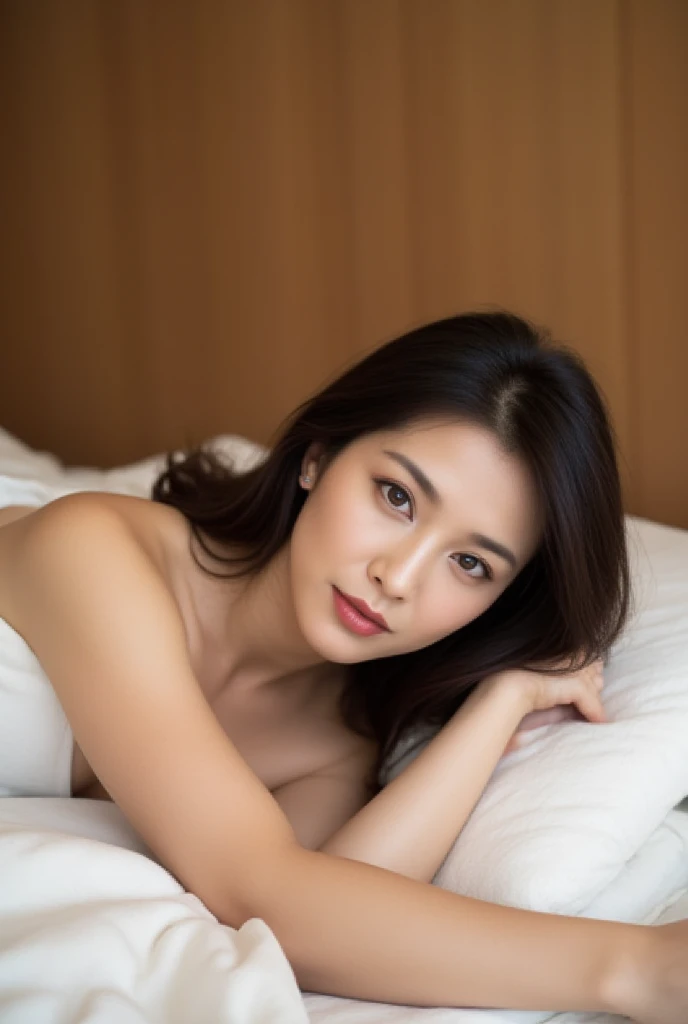 woman、30 generations、long hair、camisole、night、sexy、Bedroom、cute、Plump、small face、Lying down