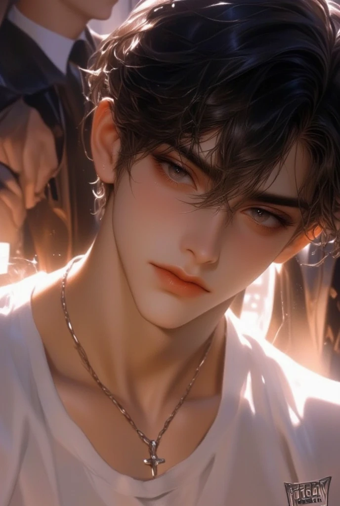  a man, young,  brown skin,  black eyes,  black hair (disheveled hair),  bare neck,  round neck white t-shirt , casual,  looking at the spectator, serious look, boring expression, Illuminated background, Summer heat, schoolboy, dominant boy , alpha male, Tough boy, 20 years, High school boy