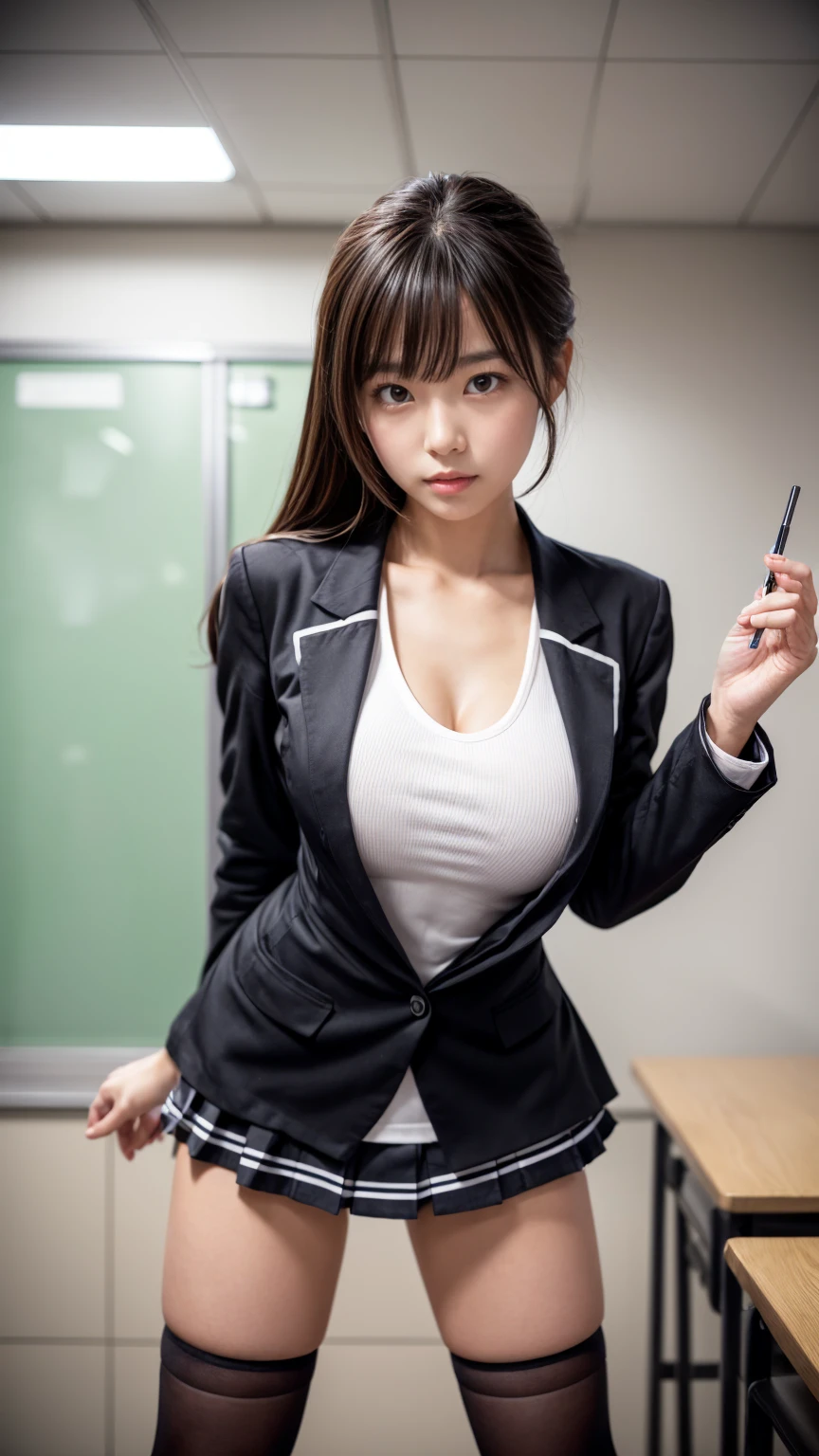 ((Tabletop)), (Detailed face), (highlight),　Asian Girl、Big breasts、thigh、Black Hair、Heavy bangs、high school girl、skirt、blazer、