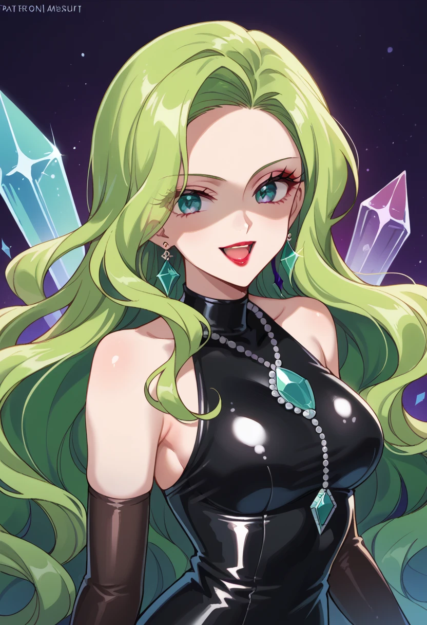 1 girl, cute face, green hair, very long hair, wavy hair, latex alone, gloves, red lipstick, makeup, elbow-length gloves, eye shadow, bare shoulders, latex black dress, gem necklace,purple crystal earrings, black mist background,very evil laugh,Shaded face(eyes in shadow),dark aura,