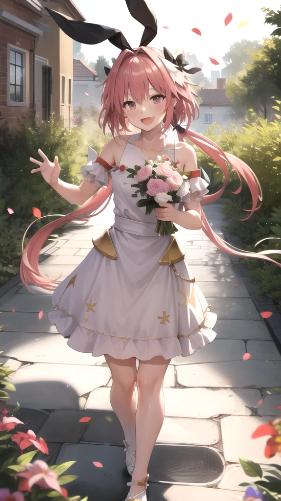 masterpiece, best quality, highres, astsaber3, low twintails, wedding Dress, standing, garden, confetti, holding bouquet, smile, open mouth 