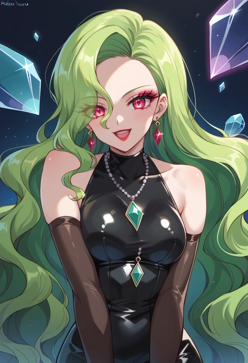 1 girl, cute face, green hair, very long hair, wavy hair, latex alone, gloves, red lipstick, makeup, elbow-length gloves, eye shadow, bare shoulders, latex black dress, gem necklace,purple crystal earrings, black mist background,very evil laugh out loud,Shaded face(eyes in shadow),dark aura,